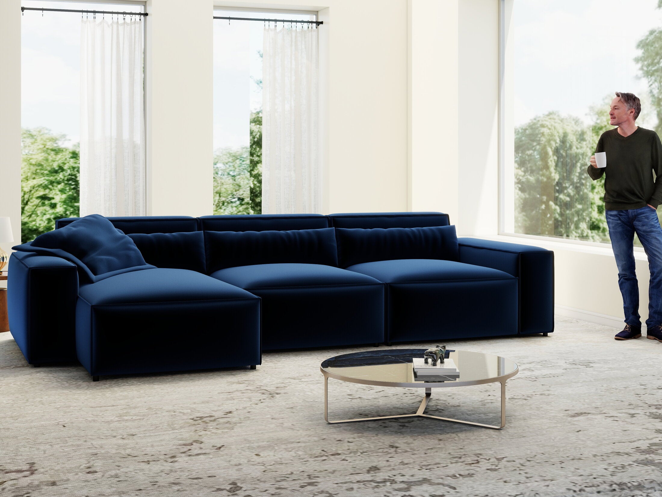 Colțar dumonde cu sezut confortabil din spuma HR, Marvelo XL Royal Albastru Navy 366x175 cm