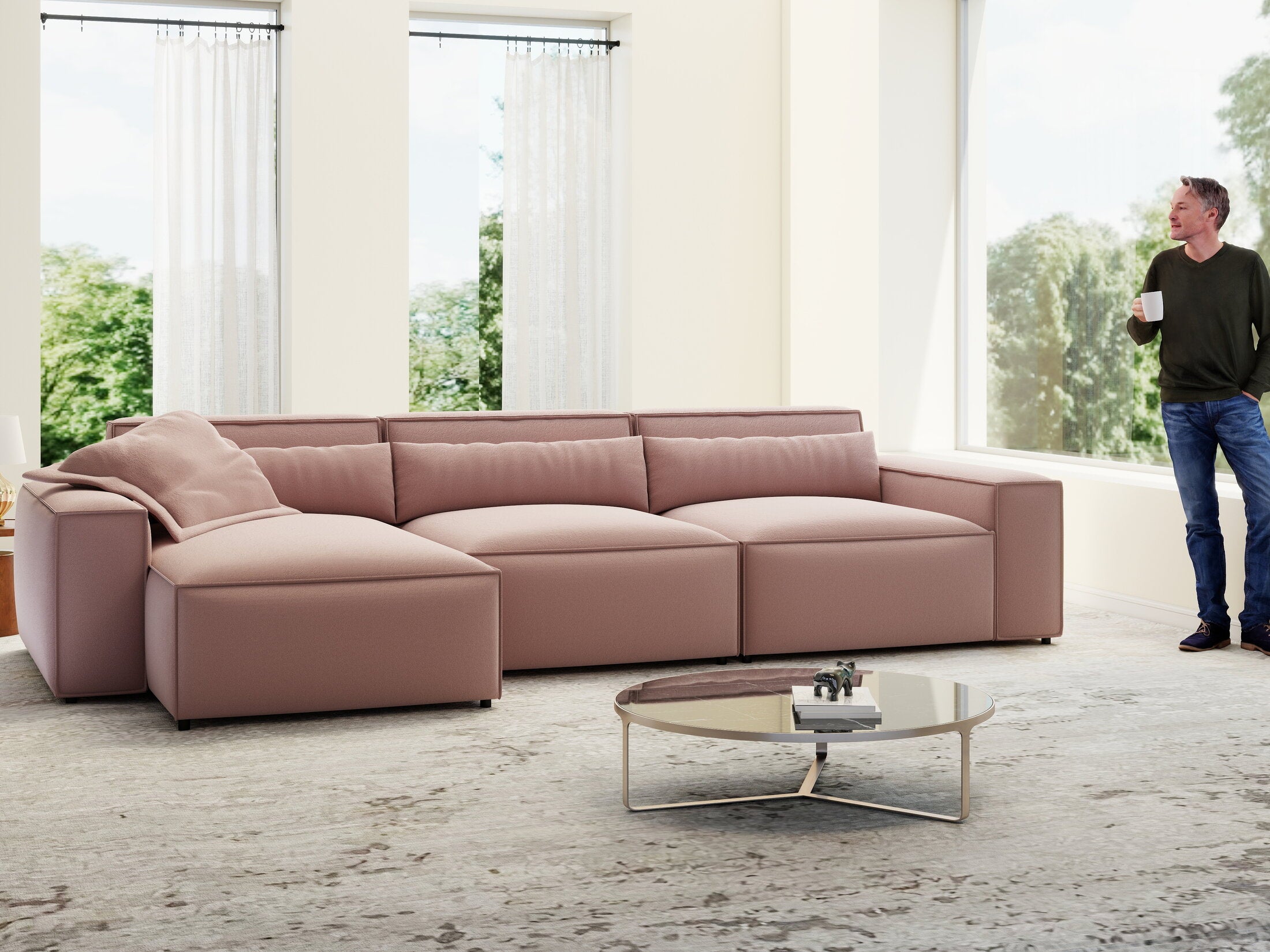 Colțar dumonde cu sezut confortabil din spuma HR, Marvelo XL Royal Roz 366x175 cm