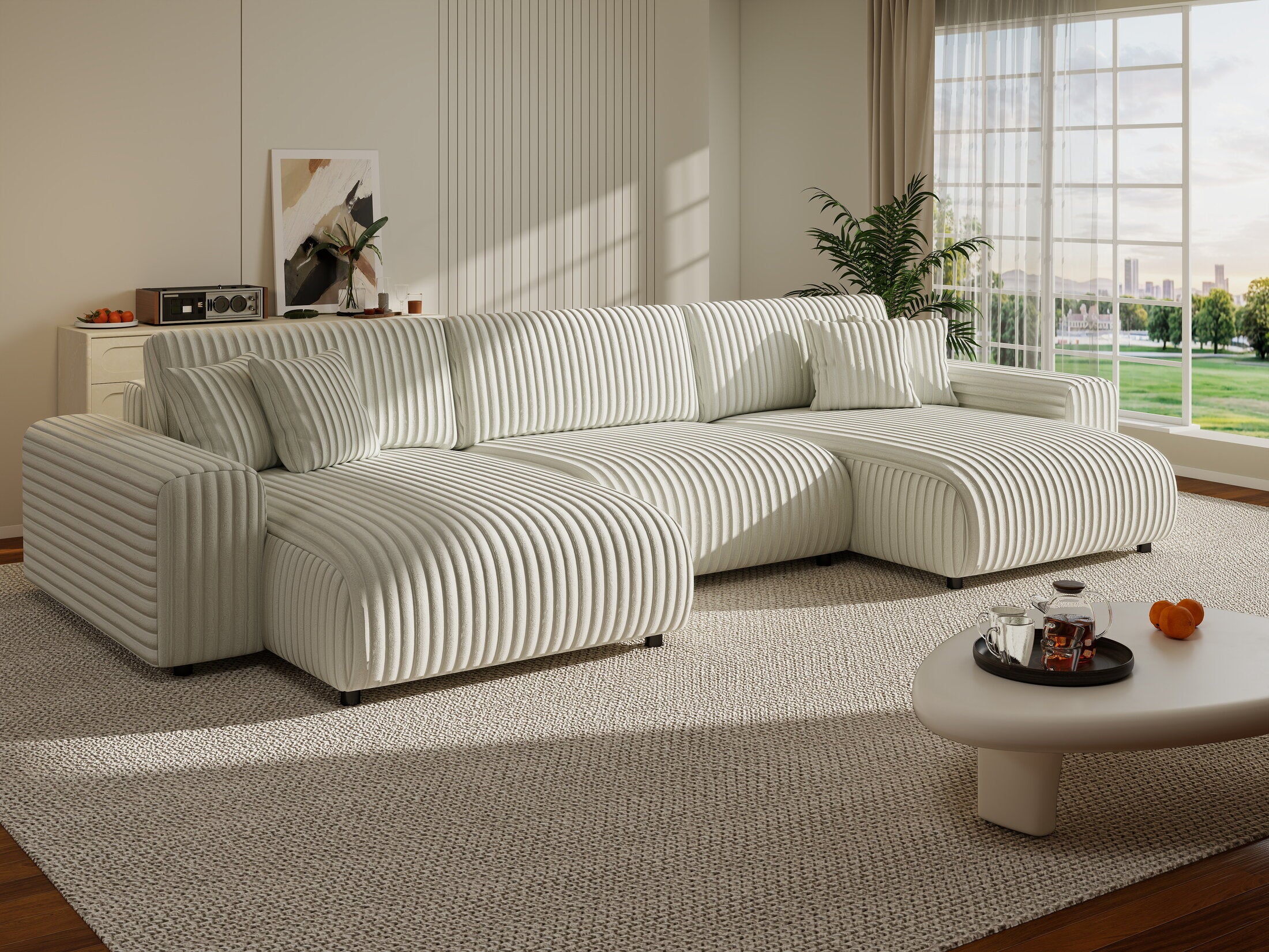 Colțar extensibil dumonde cu ladă de depozitare si sezut confortabil din spuma HR, Sarina U Ambience Alb 350x168 cm