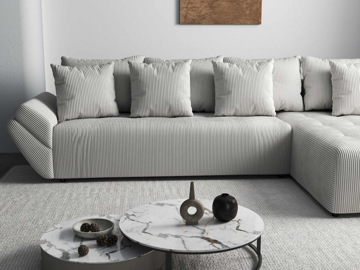 Colțar extensibil dumonde cu ladă de depozitare si sezut confortabil din spuma HR, Berlin XL Zoom Pearl 350x185 cm II Fabrica