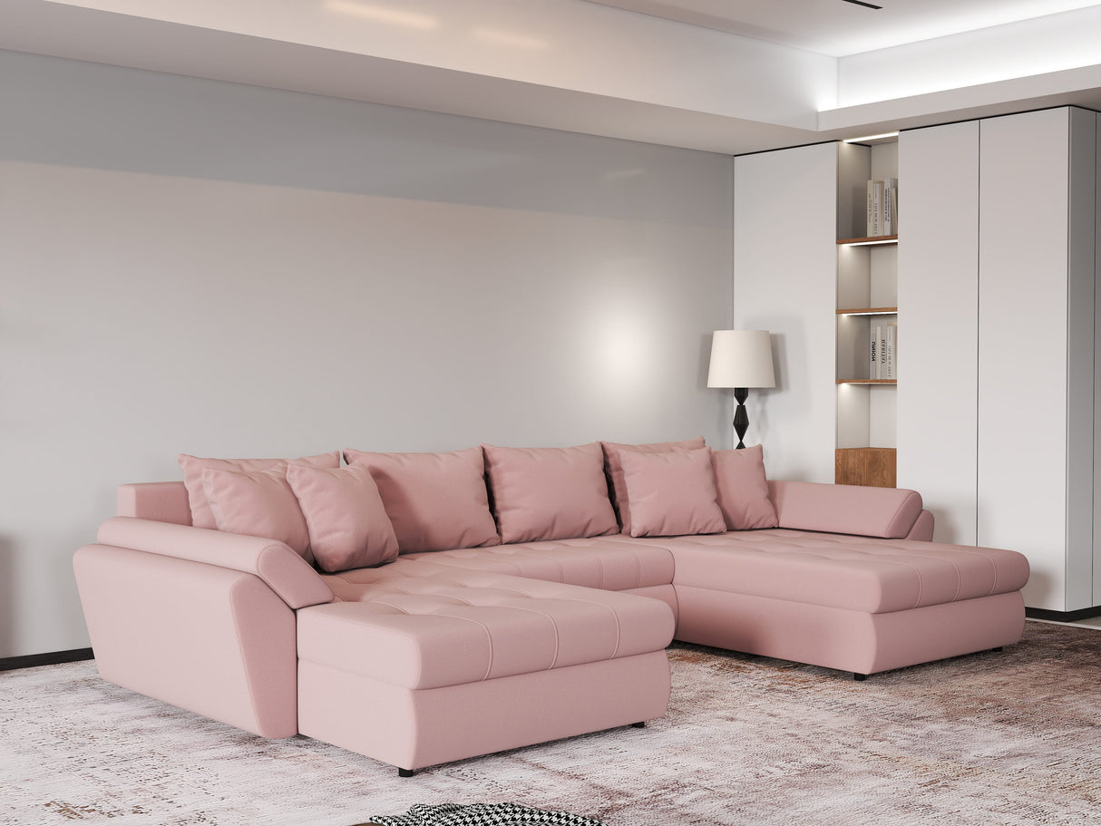 Colțar extensibil dumonde cu ladă de depozitare si sezut confortabil din spuma HR, Loana Royal Roz U 355x185 cm Fabrica