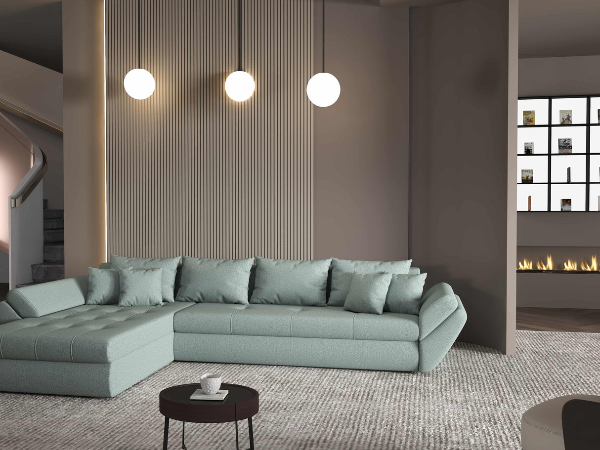 Colțar extensibil dumonde cu ladă de depozitare si sezut confortabil din spuma HR, Loana XL Enjoy Mint 335x185 cm Fabrica