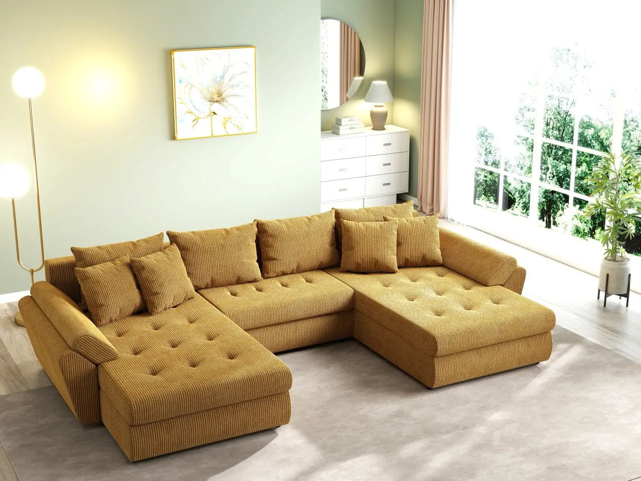 Colțar extensibil dumonde cu ladă de depozitare si sezut confortabil din spuma HR, Loana U Zoom Mustar 355x185 cm Fabrica