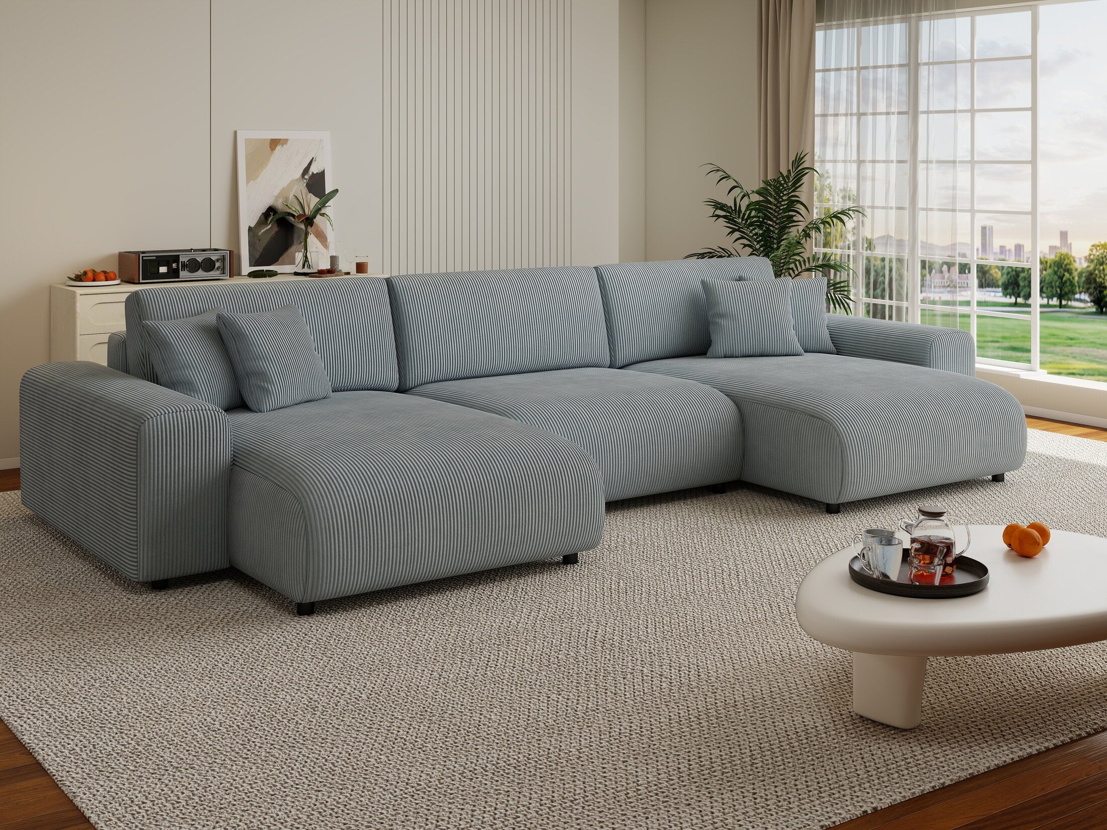 Colțar extensibil dumonde cu ladă de depozitare si sezut confortabil din spuma HR, Sarina U Zoom Gri Mint 350x168 cm