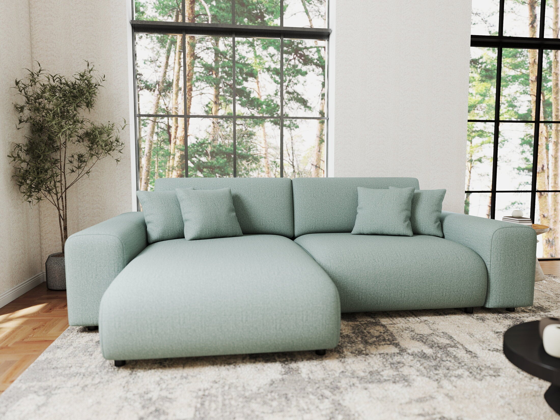 Colțar extensibil dumonde cu ladă de depozitare si sezut confortabil din spuma HR, Sarina Enjoy Verde Mint 255x168 cm