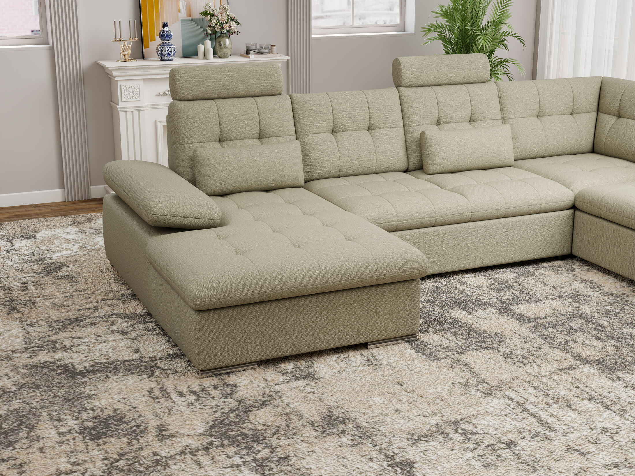 Colțar extensibil dumonde cu ladă de depozitare și șezut confortabil din spumă HR, Merkur U Enjoy Bej 324x218 cm