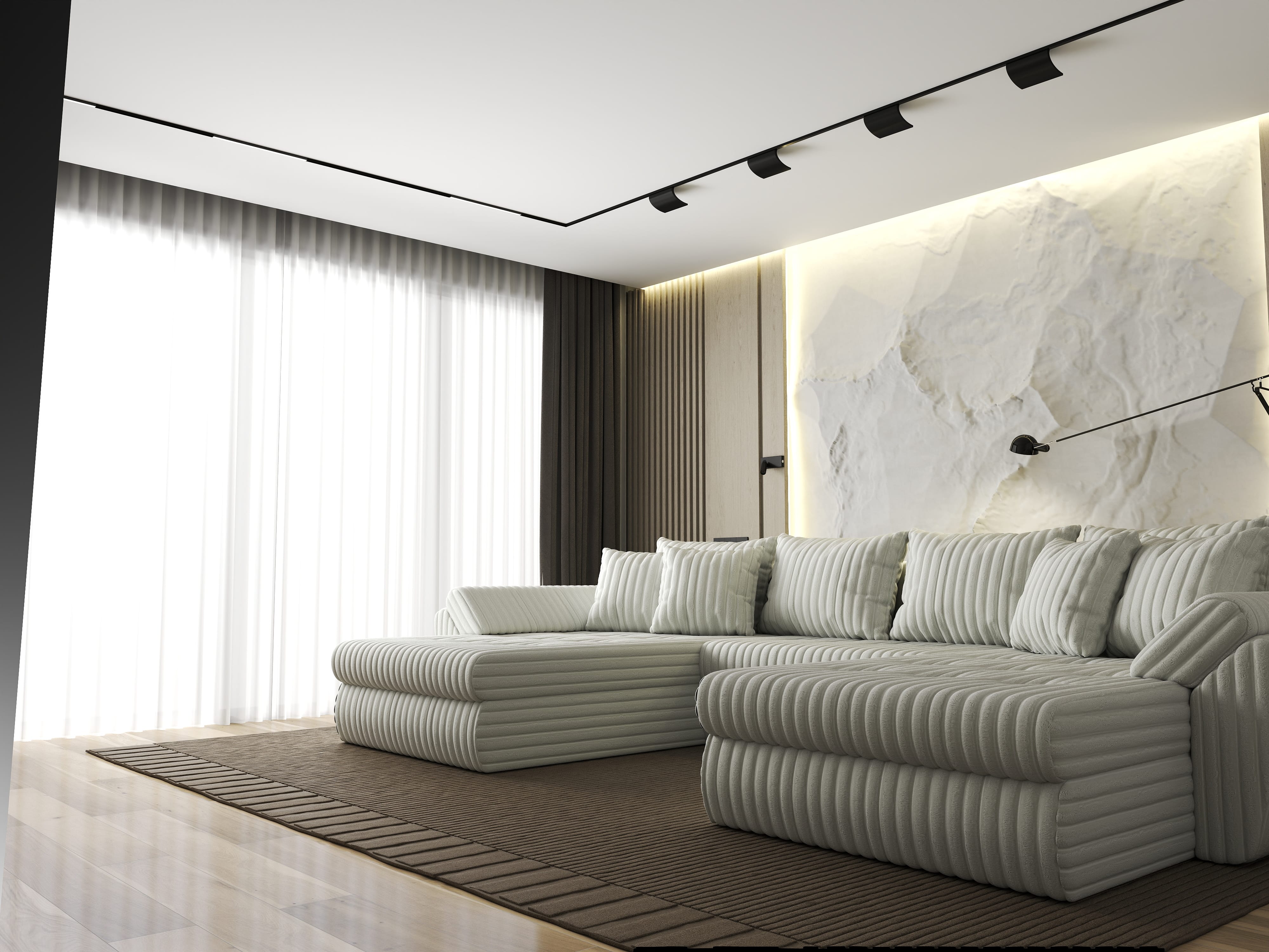 Colțar extensibil dumonde cu ladă de depozitare si sezut confortabil din spuma HR, Loana U Bej Ambience 355x185 cm Fabrica