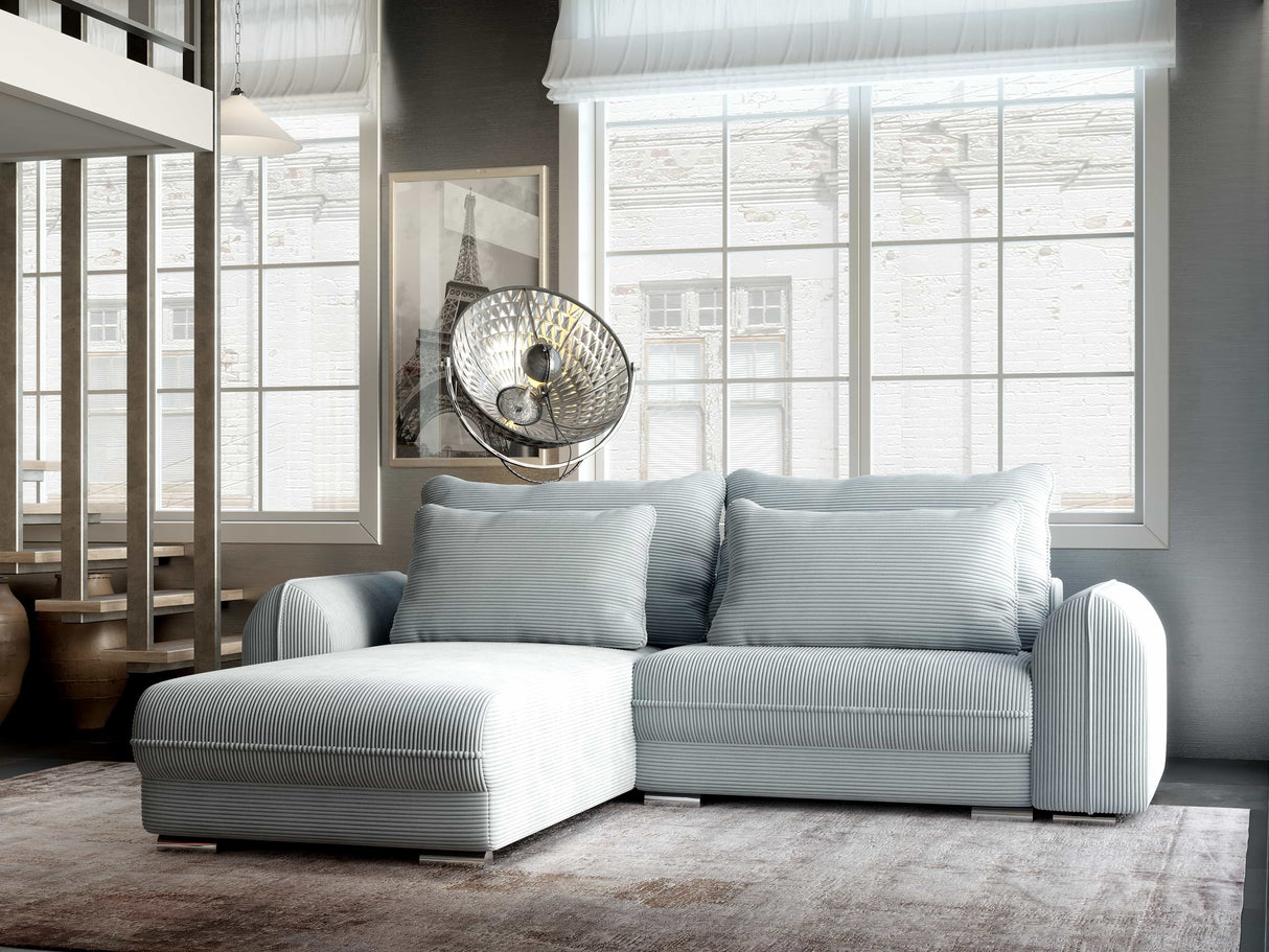 Colțar extensibil dumonde cu ladă de depozitare si sezut confortabil din spuma HR, Denver Zoom Gri Mint 275x185 cm Fabrica