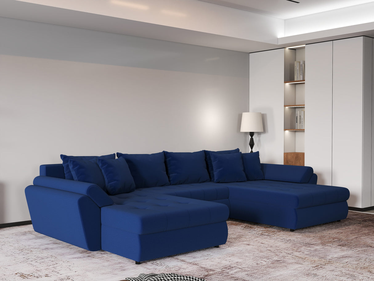 Colțar extensibil dumonde cu ladă de depozitare si sezut confortabil din spuma HR, Loana Royal Albastru U 355x185 cm Fabrica
