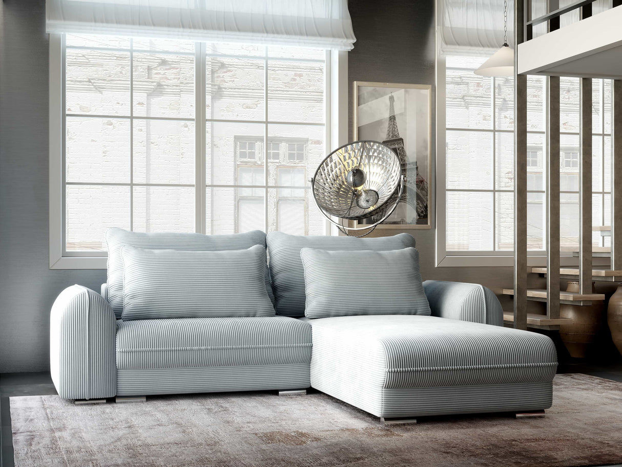 Colțar extensibil dumonde cu ladă de depozitare si sezut confortabil din spuma HR, Denver Zoom Gri Mint 275x185 cm II Fabrica