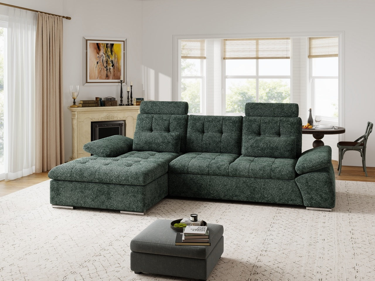 Colțar extensibil dumonde cu ladă de depozitare și șezut confortabil din spumă HR, Merkur Euphoria Verde 270x168 cm