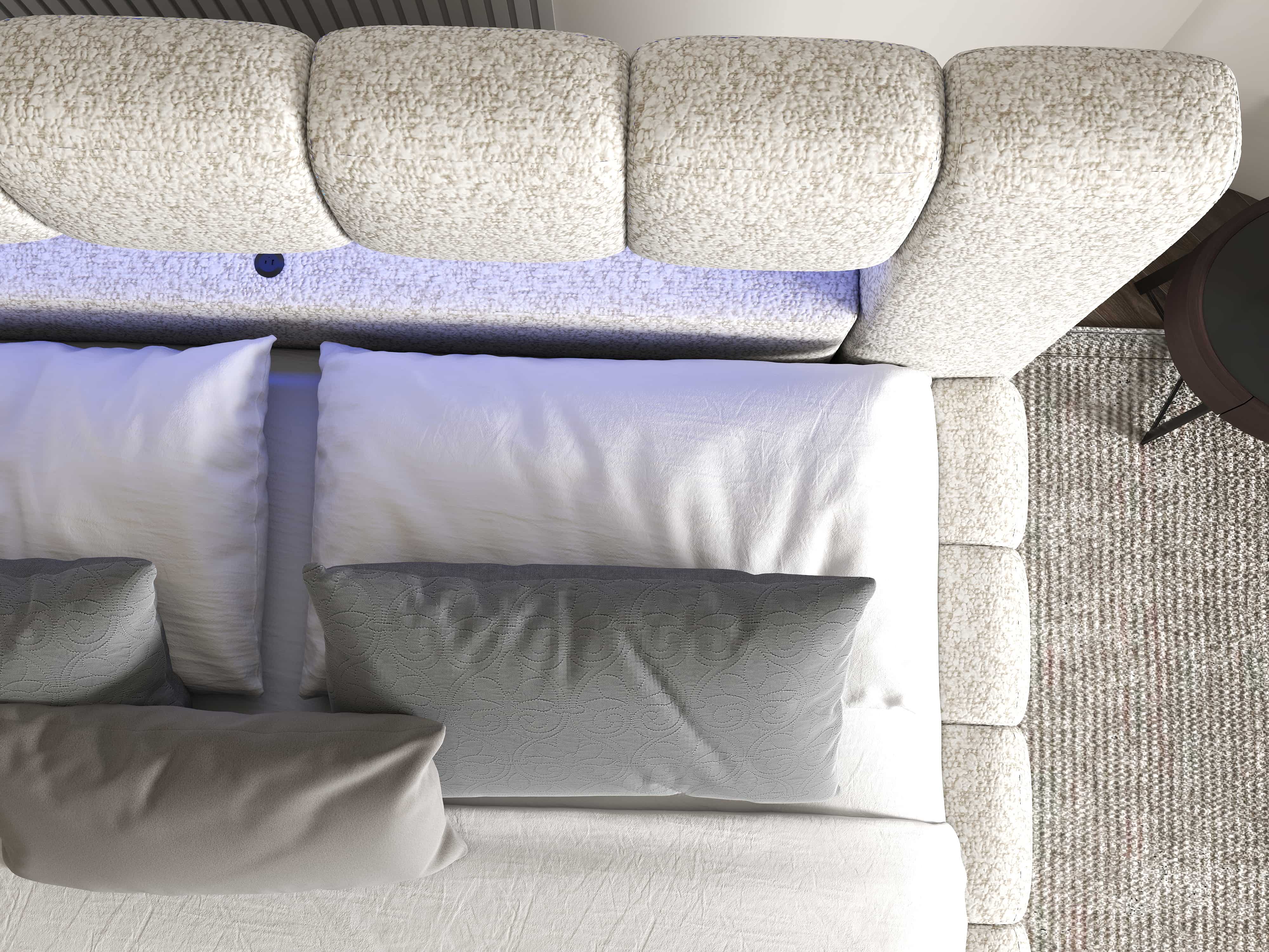 Pat dormitor dumonde, tapitat alb cu LED si USB, Palermo 180x200 cm, somiera rabatabila inclusa, spatiu depozitare