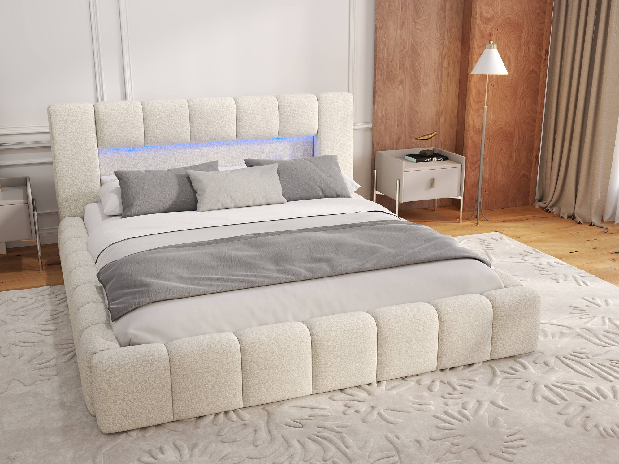 Pat dormitor dumonde, tapitat bej, Palermo 180x200 cm, somiera rabatabila inclusa, spatiu depozitare