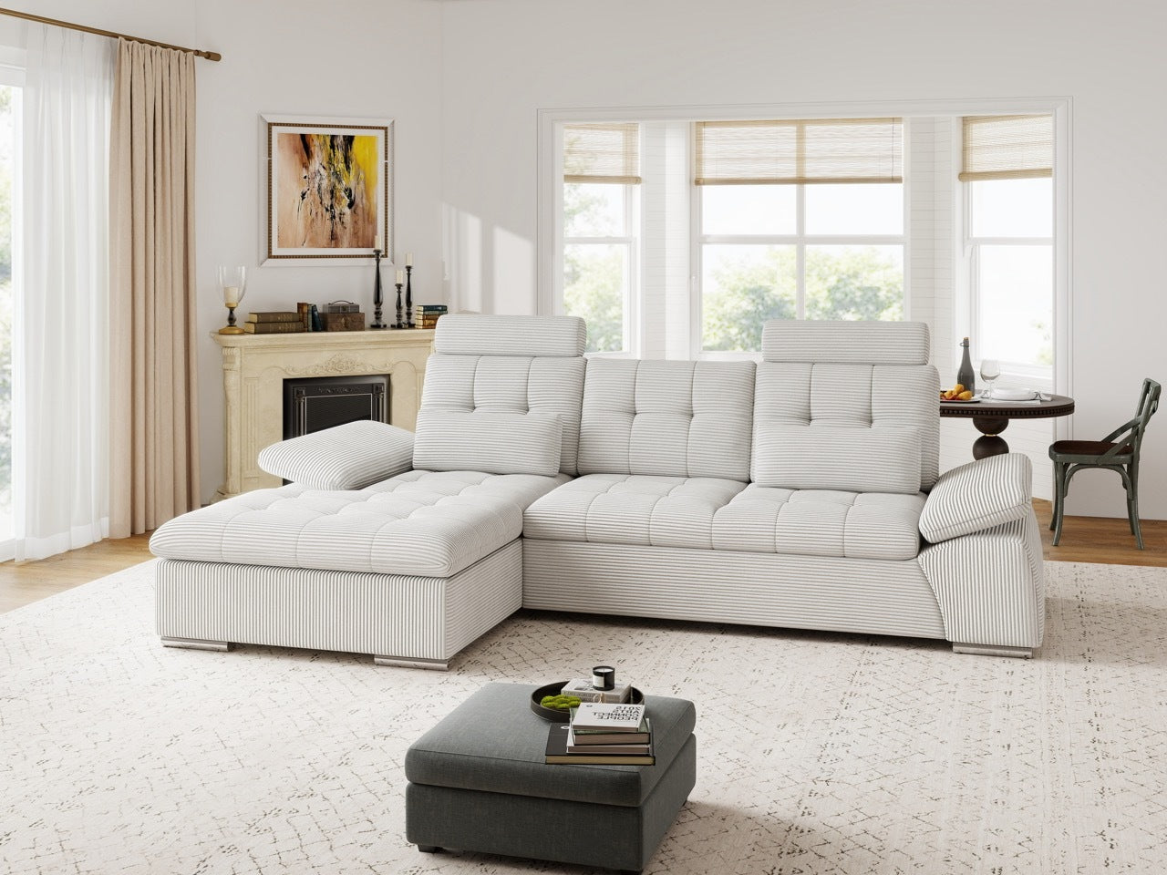 Colțar extensibil dumonde cu ladă de depozitare și șezut confortabil din spumă HR, Merkur Zoom Gri 270x168 cm