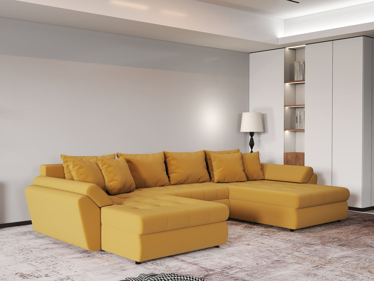 Colțar extensibil dumonde cu ladă de depozitare si sezut confortabil din spuma HR, Loana Royal Mustar U 355x185 cm Fabrica