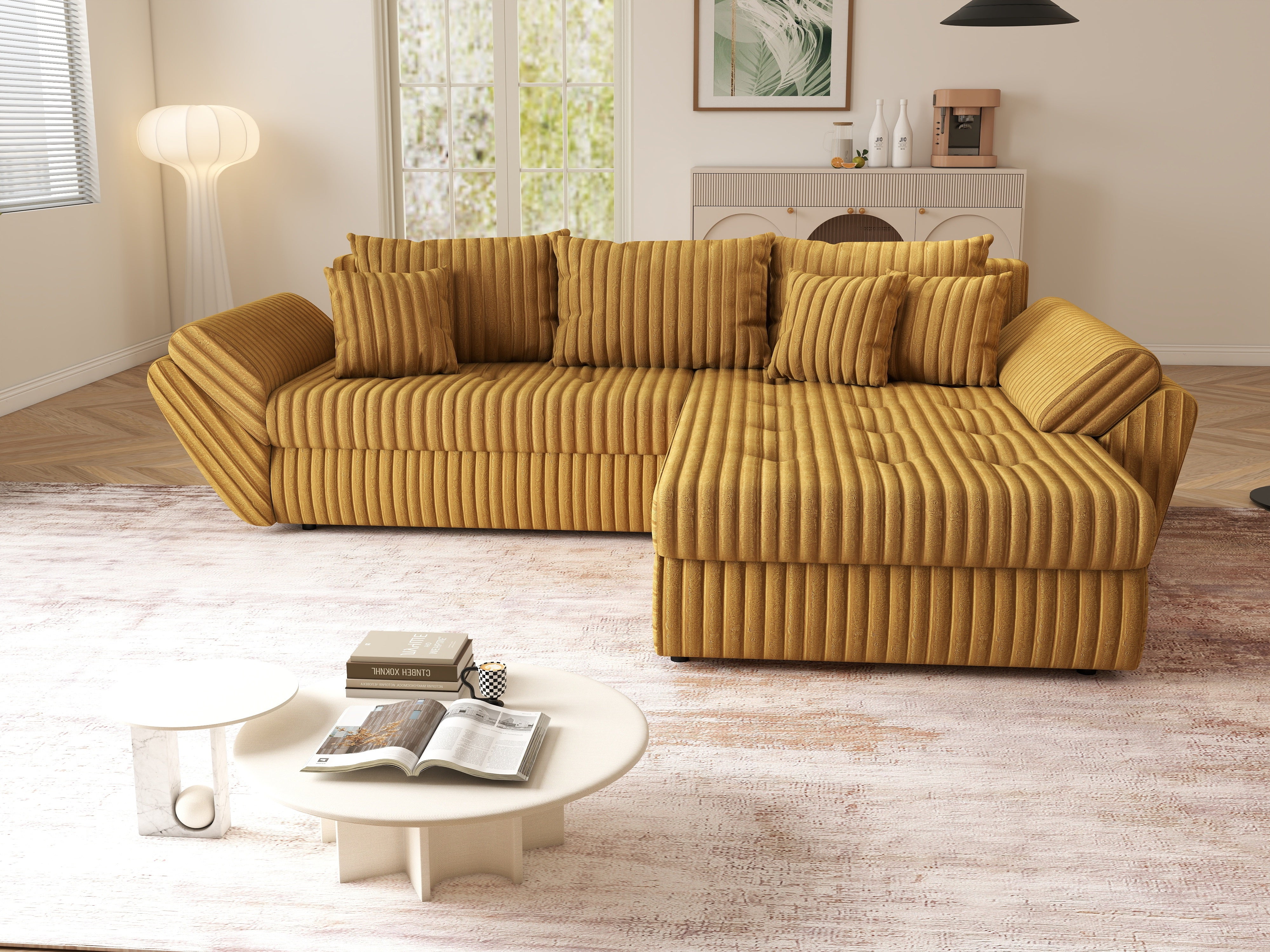 Colțar extensibil dumonde cu ladă de depozitare si sezut confortabil din spuma HR, Loana Mustar Ambience II 270x185 cm Fabrica