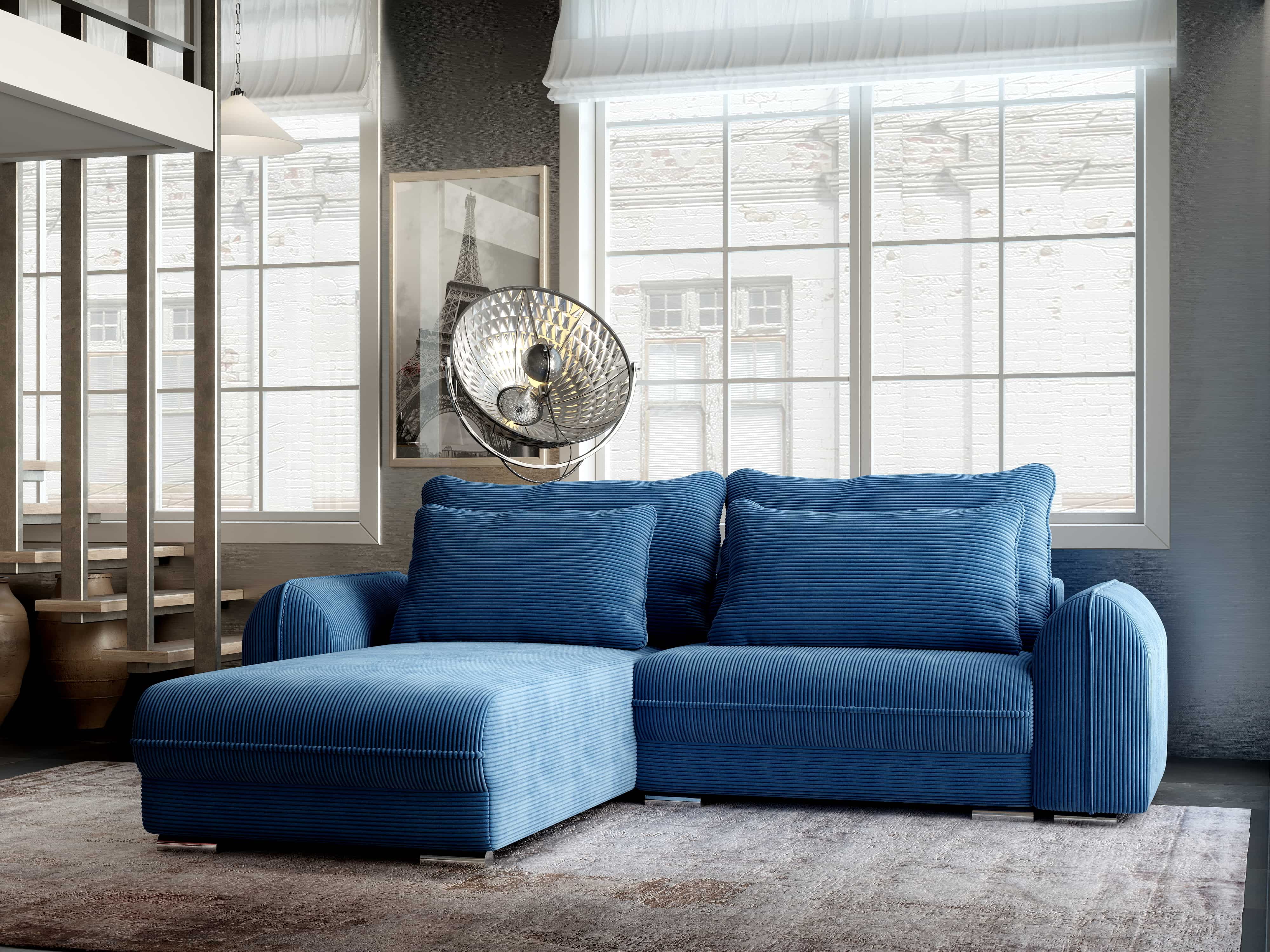 Colțar extensibil dumonde cu ladă de depozitare si sezut confortabil din spuma HR, Denver Zoom Albastru 275x185 cm Fabrica