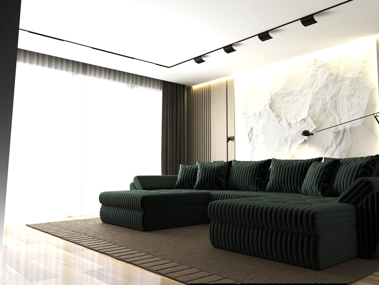 Colțar extensibil dumonde cu ladă de depozitare si sezut confortabil din spuma HR, Loana U Verde Ambience 355x185 cm Fabrica