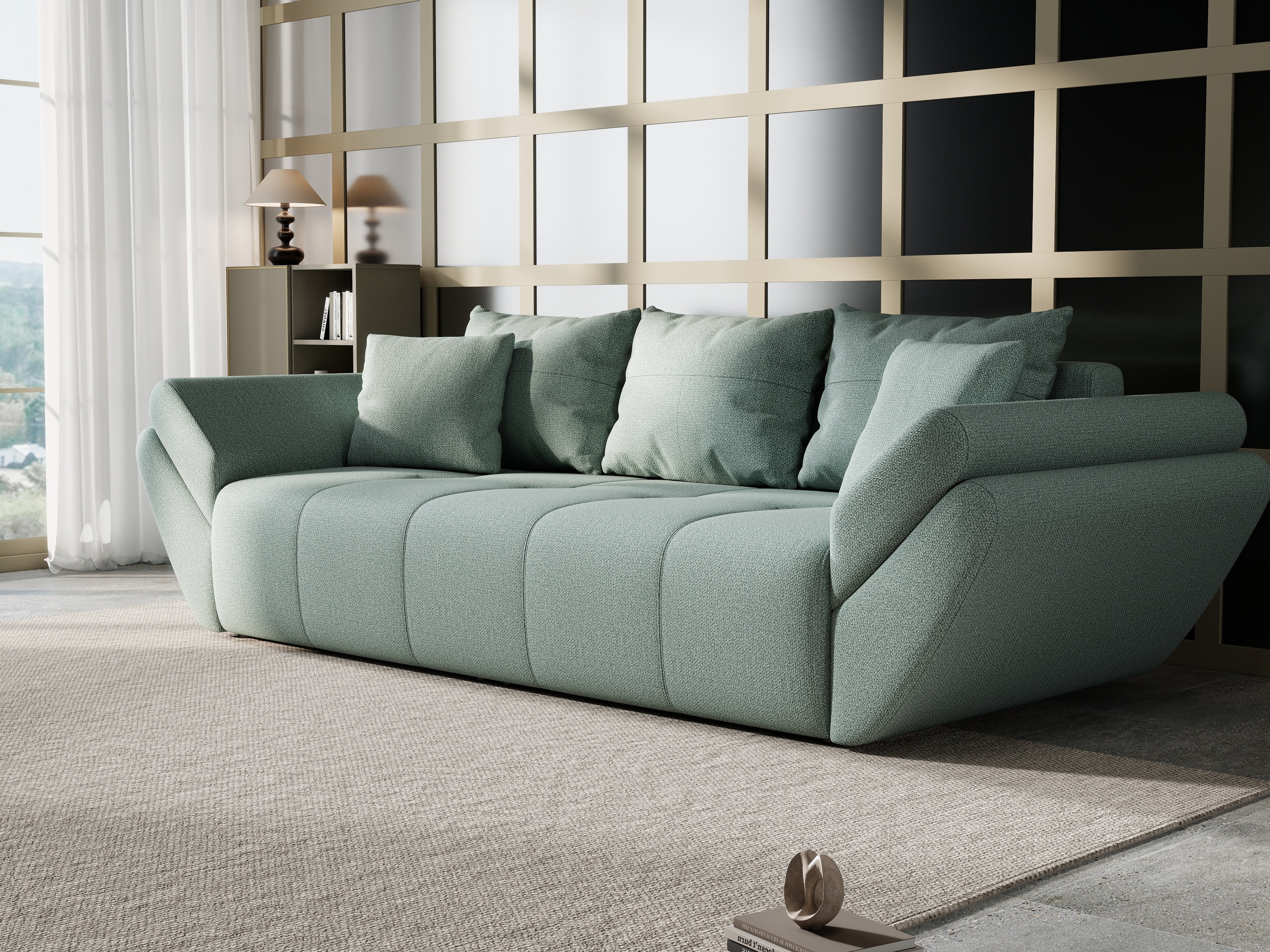 Canapea extensibilă dumonde cu ladă de depozitare si sezut confortabil din spuma HR, Berlin Mint 250x100 cm Fabrica