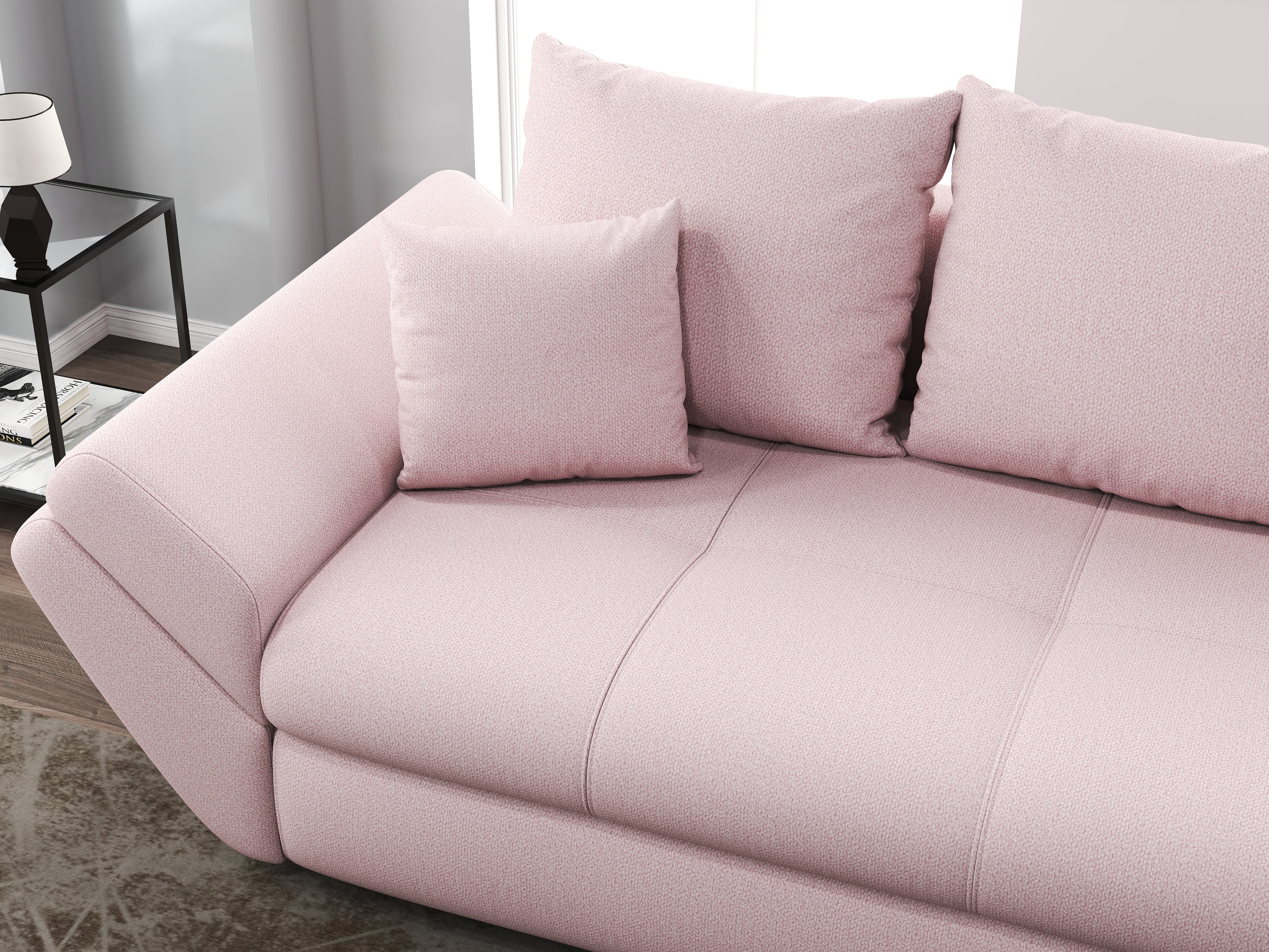 Canapea extensibilă dumonde cu ladă de depozitare si sezut confortabil din spuma HR, Loana Pink 250x100 cm Fabrica
