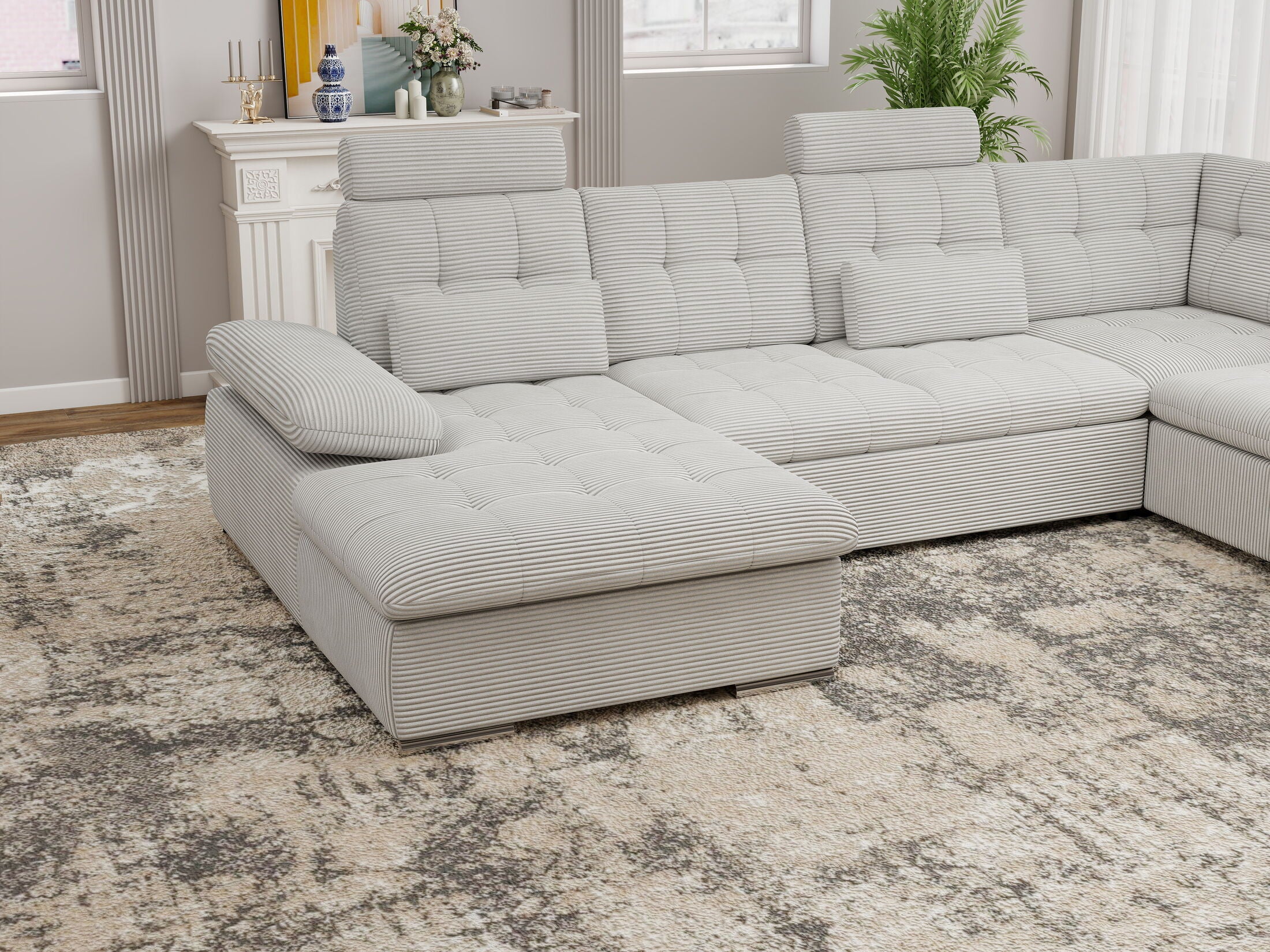 Colțar extensibil dumonde cu ladă de depozitare și șezut confortabil din spumă HR, Merkur U Zoom Gri 324x218 cm