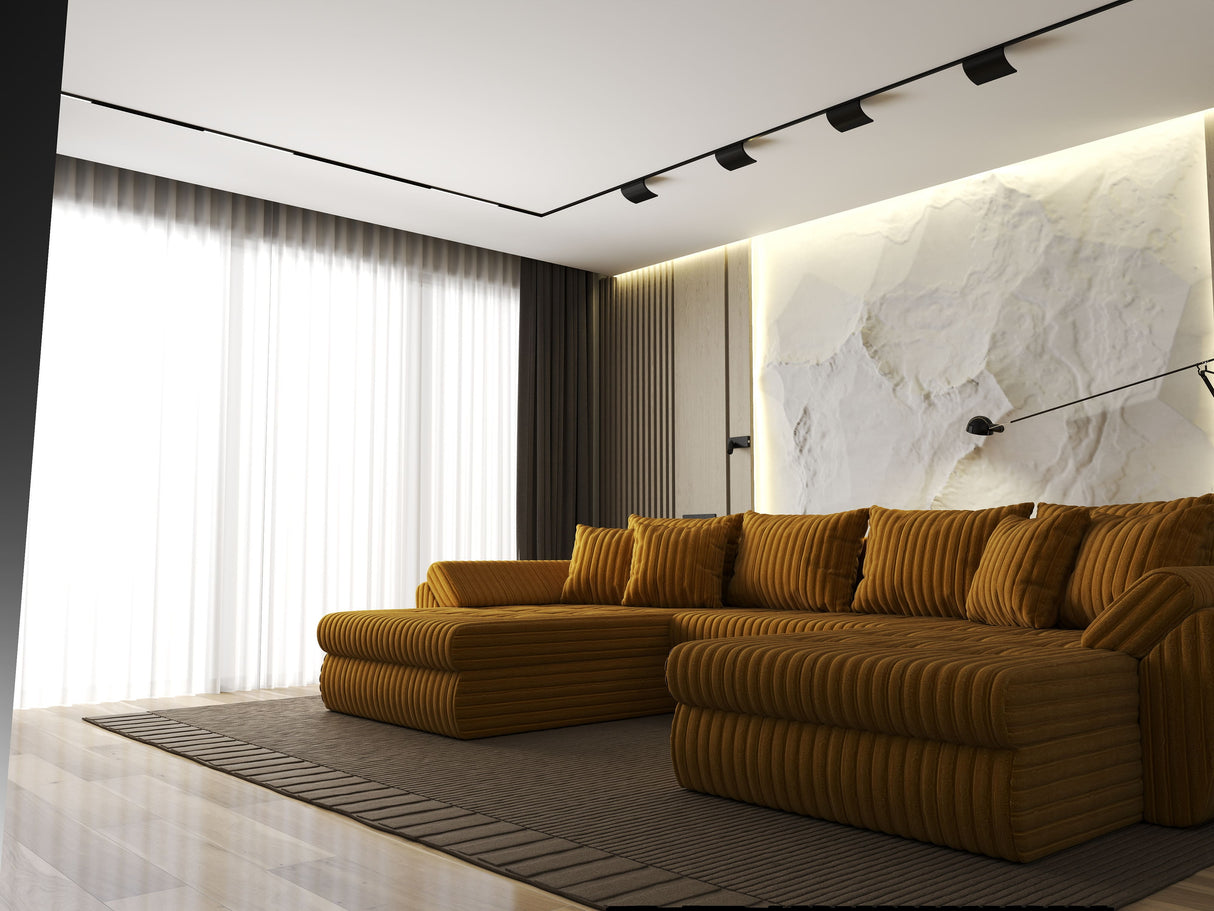 Colțar extensibil dumonde cu ladă de depozitare si sezut confortabil din spuma HR, Loana U Mustar Ambience 355x185 cm Fabrica