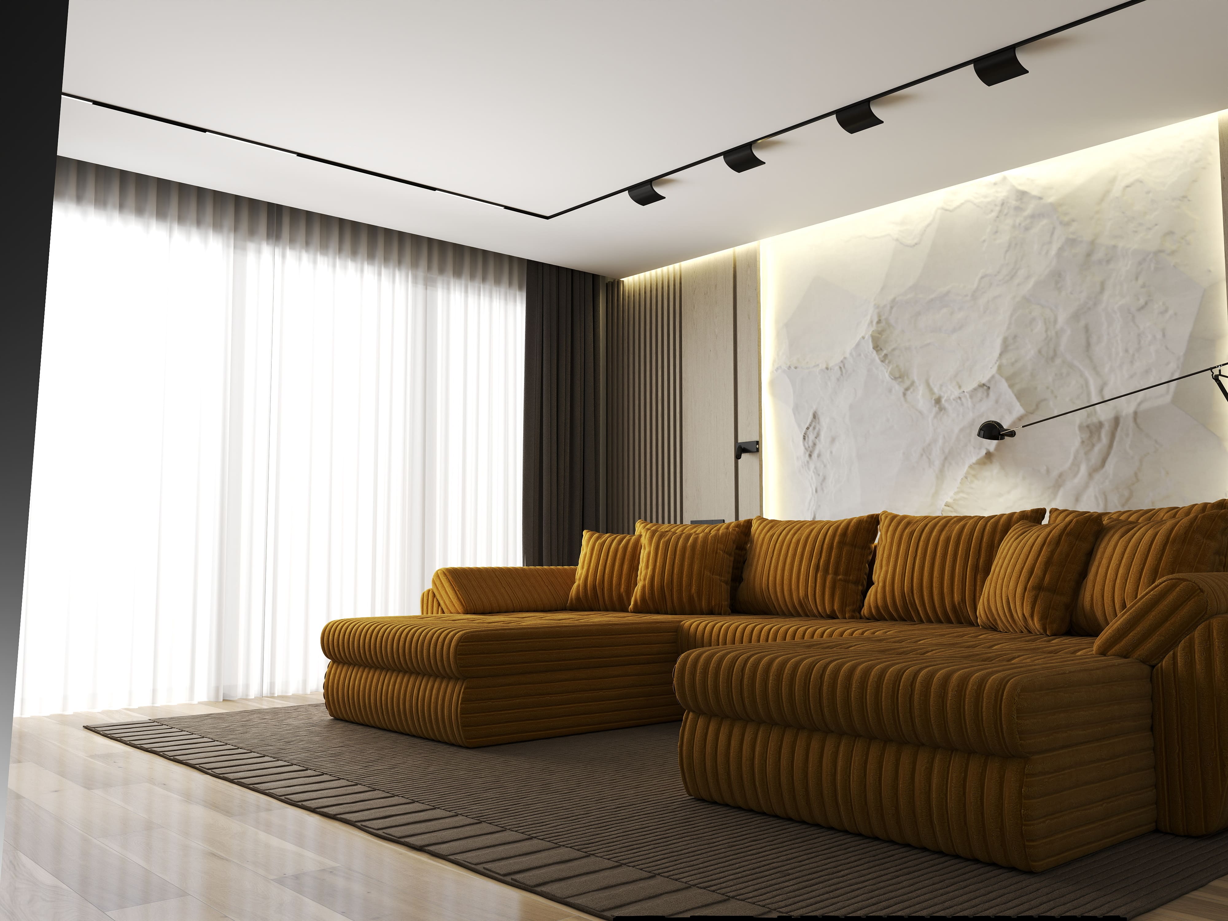 Colțar extensibil dumonde cu ladă de depozitare si sezut confortabil din spuma HR, Loana U Mustar Ambience 355x185 cm Fabrica