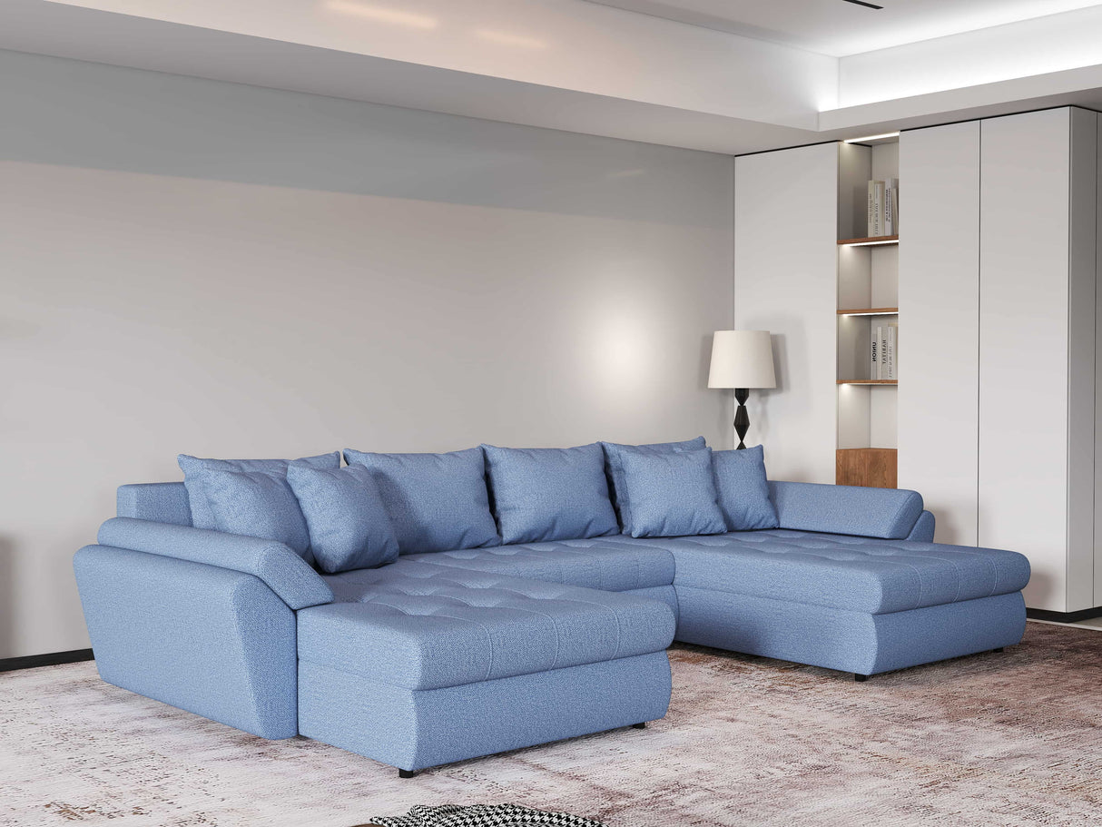 Colțar extensibil  dumonde cu ladă de depozitare si sezut confortabil din spuma HR, Loana Blue U 355x185 cm Fabrica