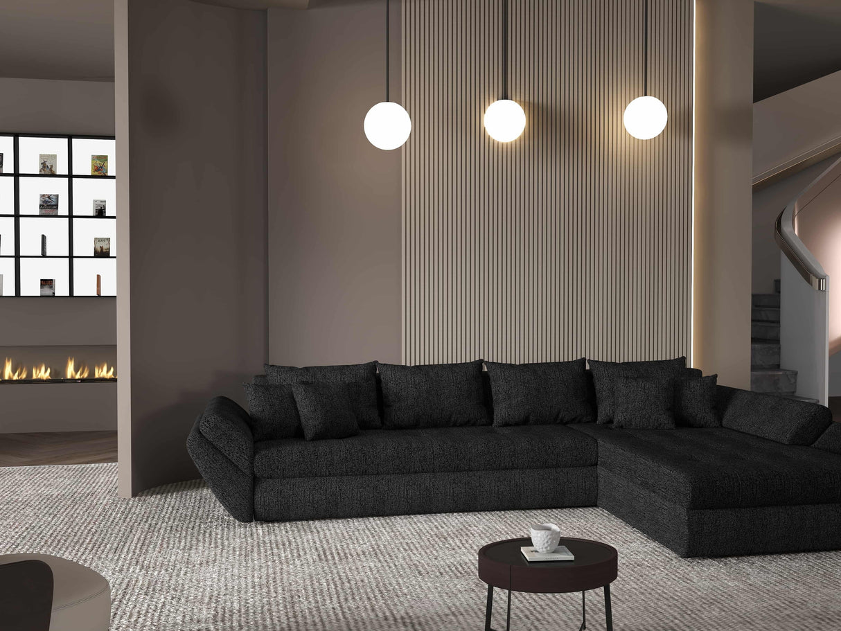 Colțar extensibil dumonde cu ladă de depozitare si sezut confortabil din spuma HR, Loana XL Enjoy Negru II 335x185 cm Fabrica