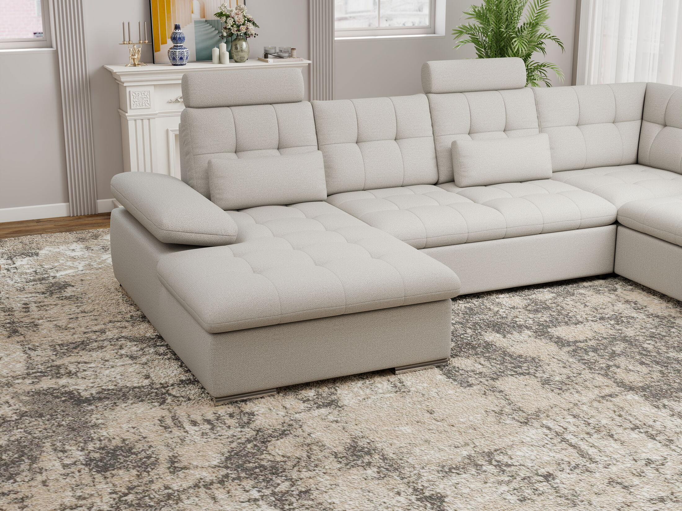 Colțar extensibil dumonde cu ladă de depozitare și șezut confortabil din spumă HR, Merkur U Enjoy Bej 324x218 cm