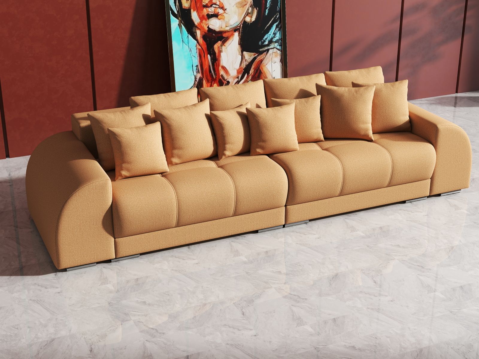 Canapea extensibilă dumonde cu 2 lăzi de depozitare si sezut confortabil din spuma HR, Big Sofa Verona Enjoy Lux Mango 310x100 cm Fabrica