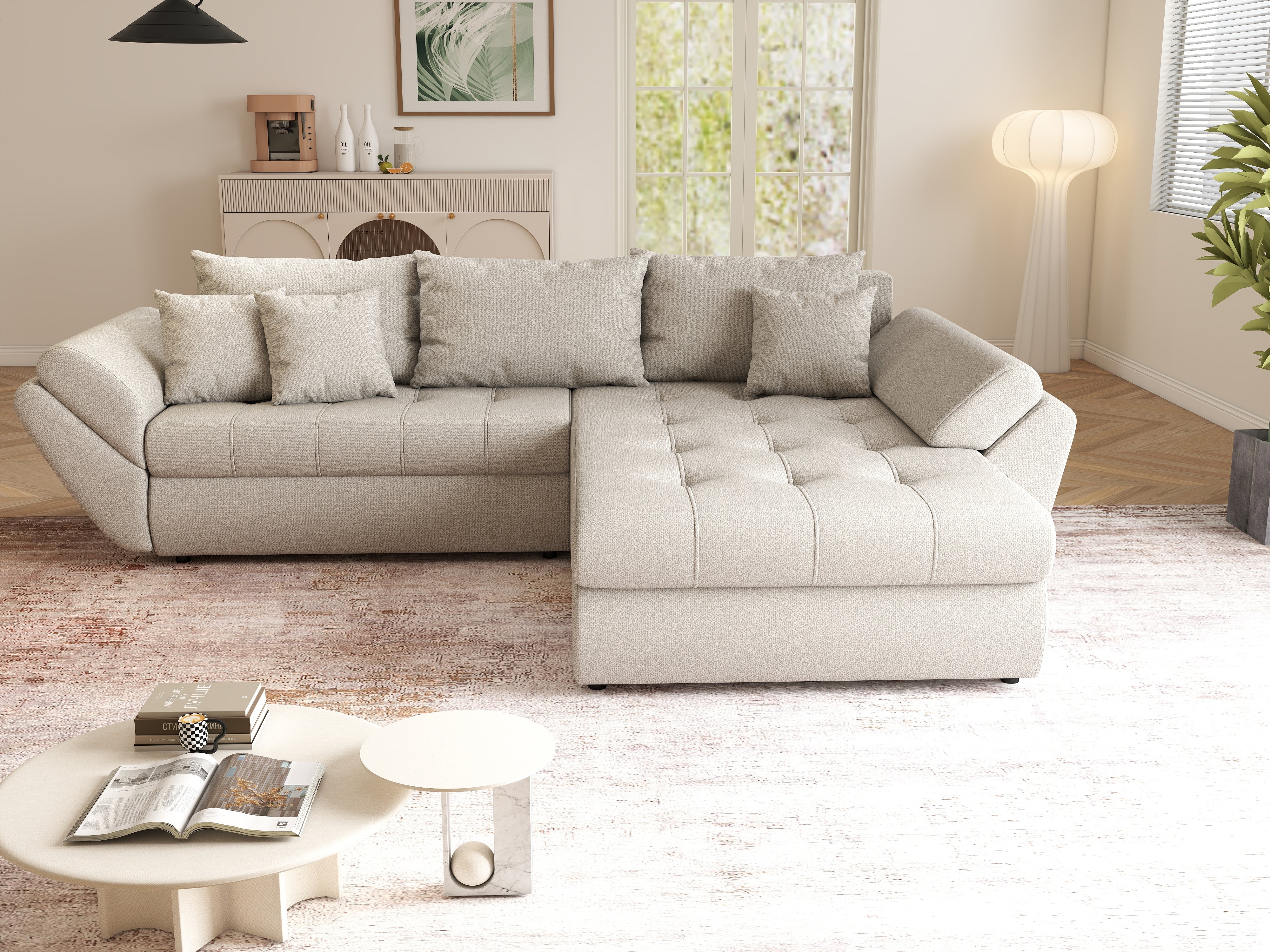 Colțar extensibil dumonde cu ladă de depozitare si sezut confortabil din spuma HR, Loana Bej II 270x185 cm Fabrica