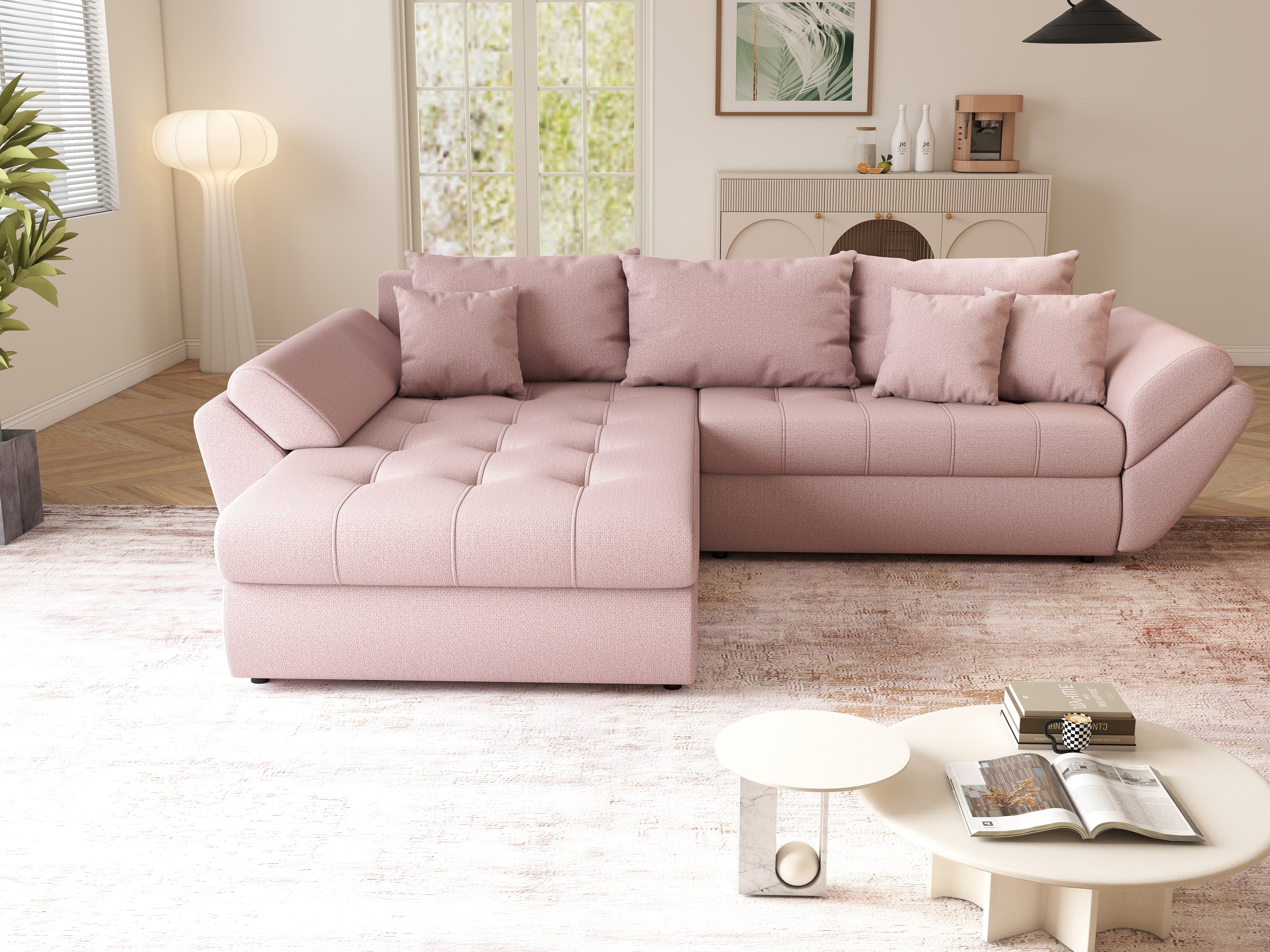Colțar extensibil dumonde cu ladă de depozitare si sezut confortabil din spuma HR, Loana Roz 270x185 cm Fabrica