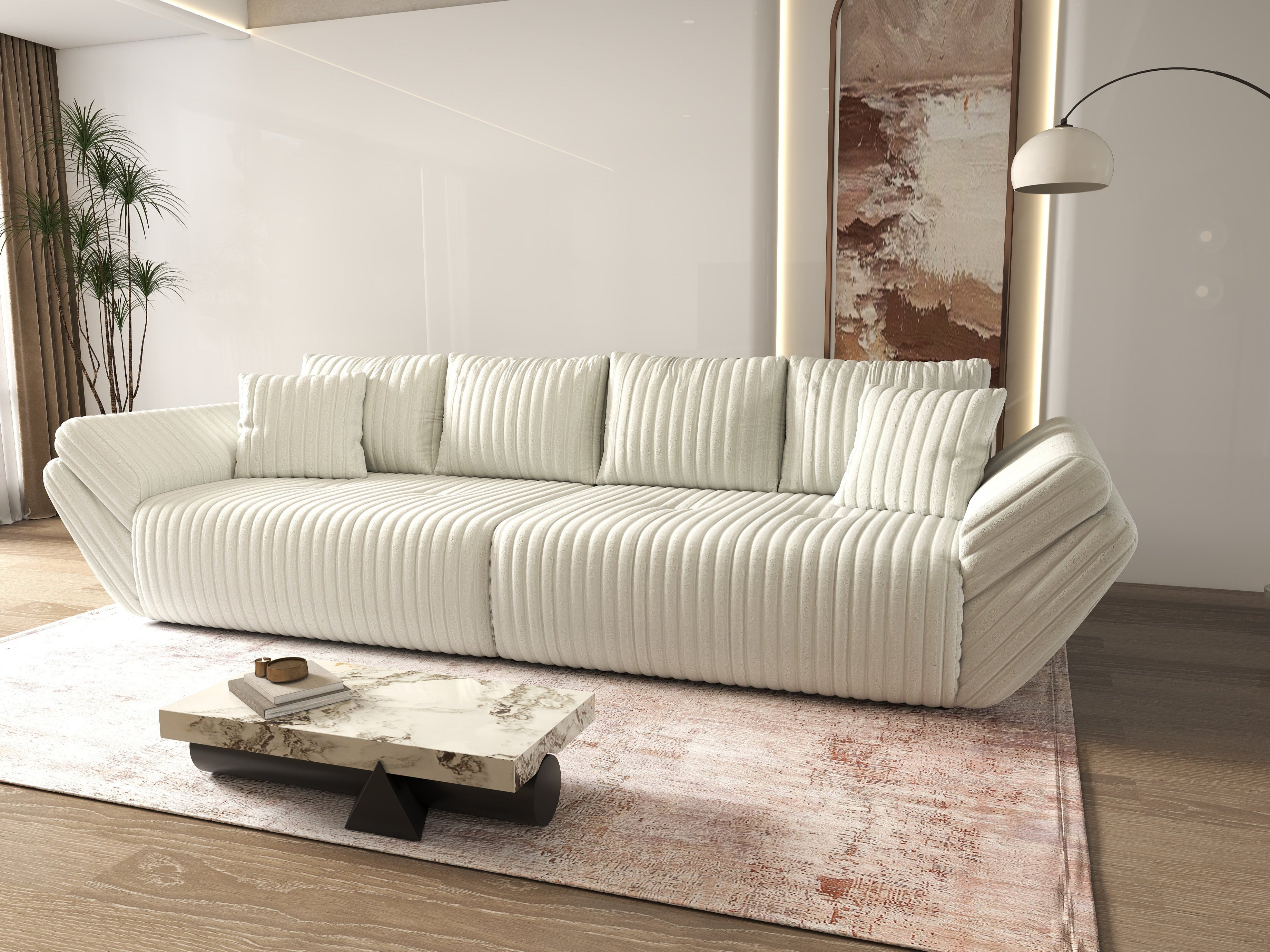 Canapea extensibilă dumonde cu ladă de depozitare si sezut confortabil din spuma HR, Berlin Ambience White 300x100 cm Fabrica