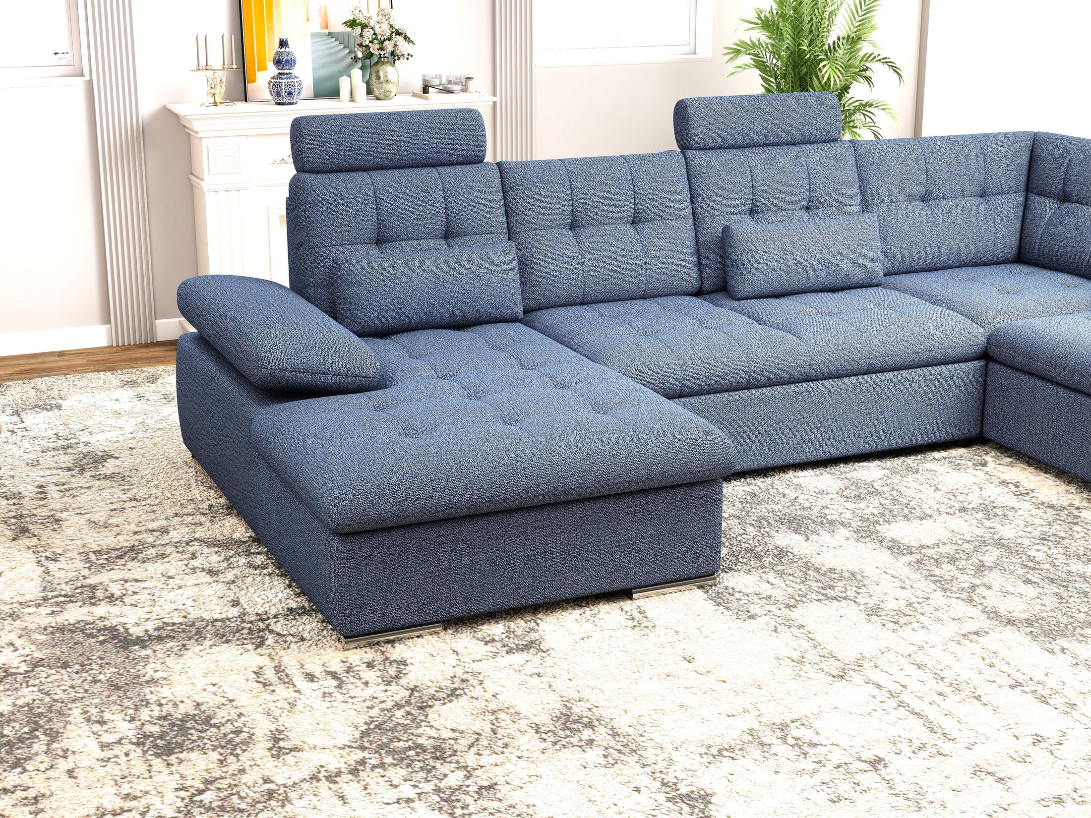 Colțar extensibil dumonde cu ladă de depozitare și șezut confortabil din spumă HR, Merkur U Enjoy Albastru 324x218 cm