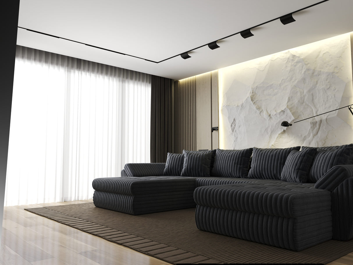 Colțar extensibil dumonde cu ladă de depozitare si sezut confortabil din spuma HR, Loana U Gri Ambience 355x185 cm Fabrica