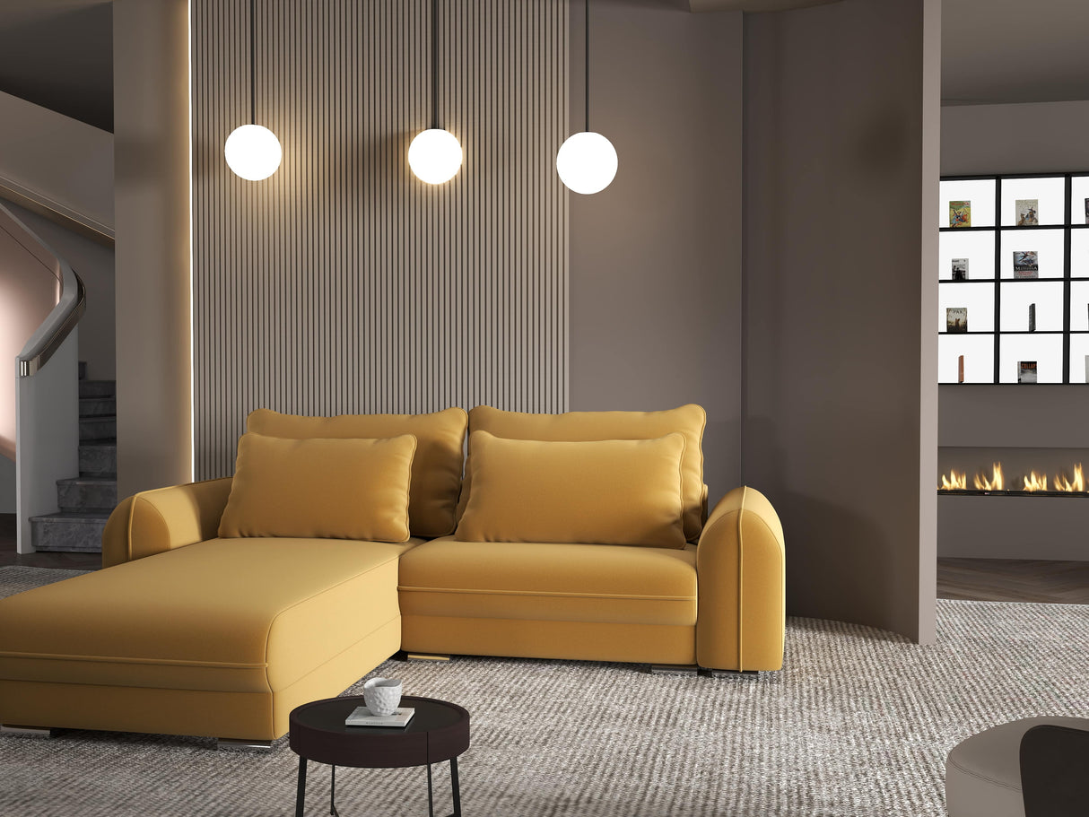Colțar extensibil dumonde cu ladă de depozitare si sezut confortabil din spuma HR, Denver Royal Mustar 275x185 cm Fabrica