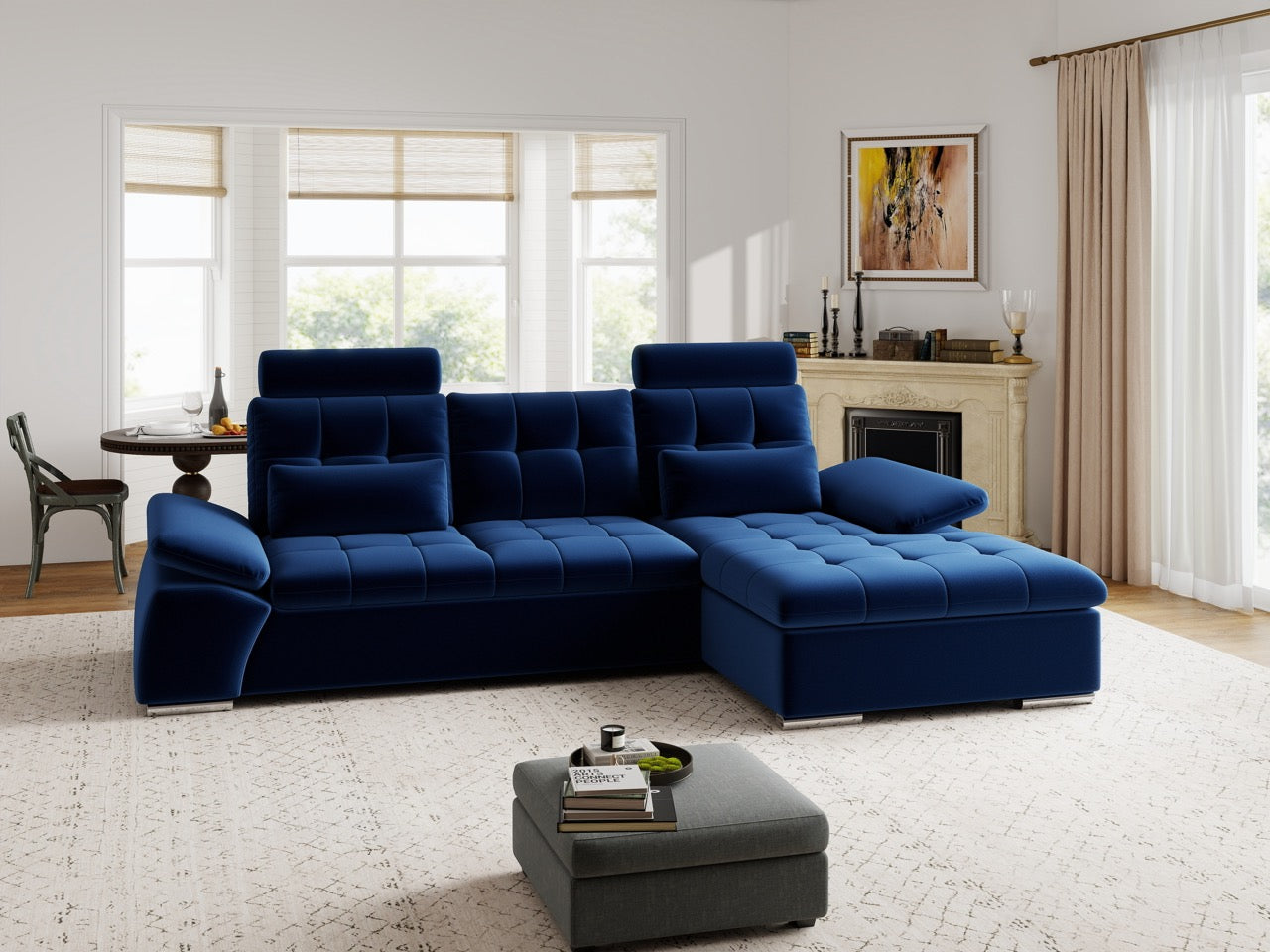 Colțar extensibil dumonde cu ladă de depozitare și șezut confortabil din spumă HR, Merkur Royal Albastru Navy 270x168 cm II