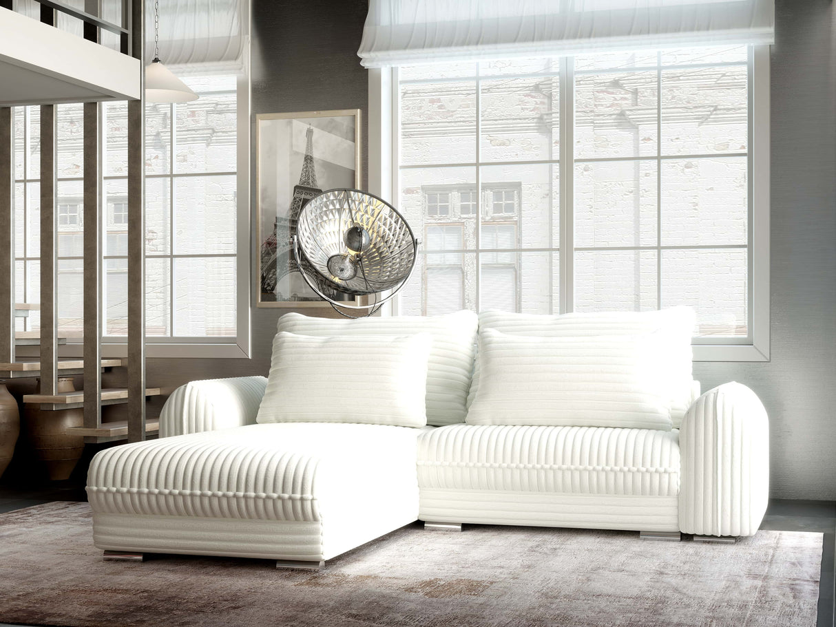 Colțar extensibil dumonde cu ladă de depozitare si sezut confortabil din spuma HR, Denver Ambience Alb 275x185 cm Fabrica