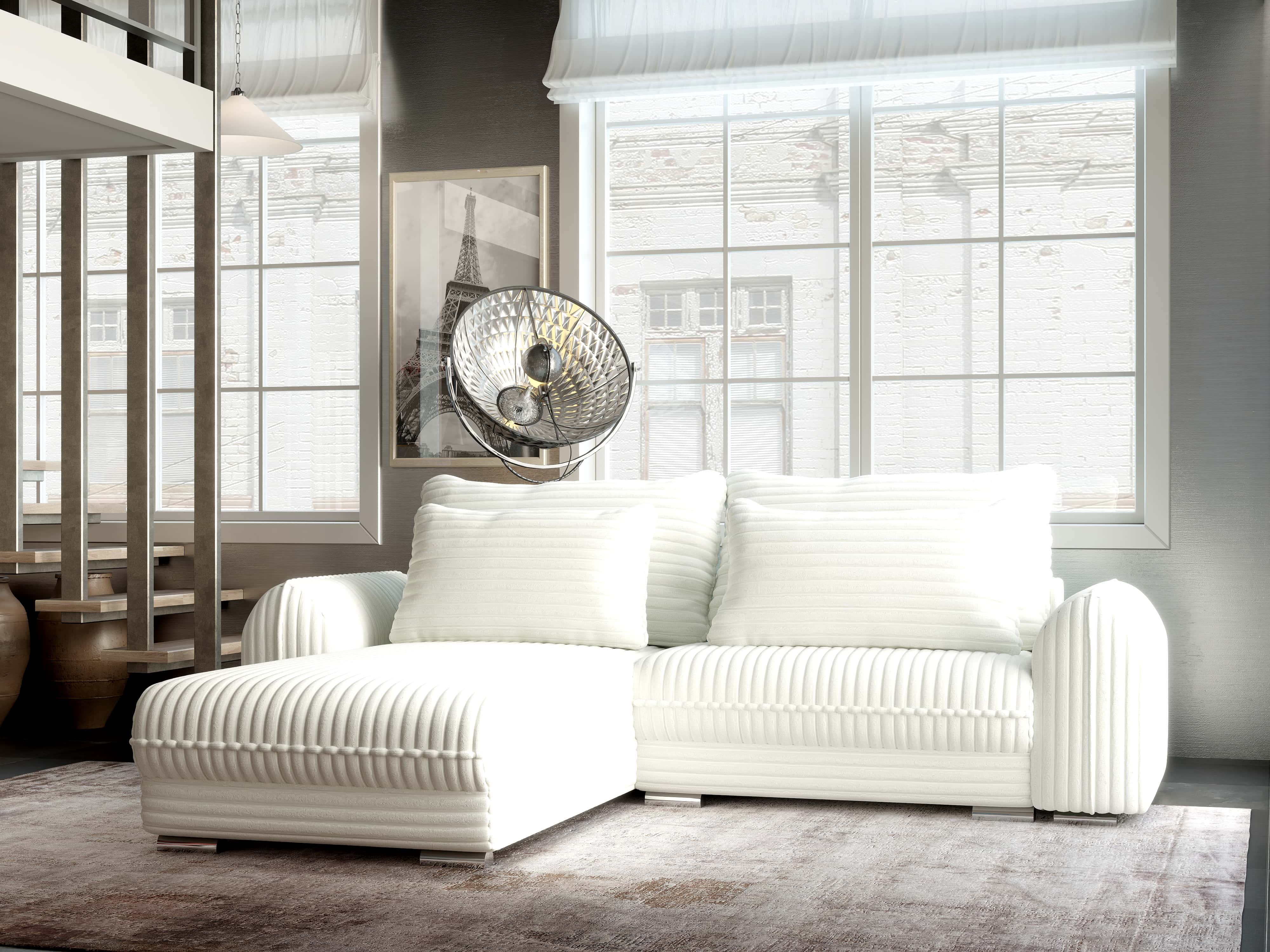 Colțar extensibil dumonde cu ladă de depozitare si sezut confortabil din spuma HR, Denver Ambience Ivory 275x185 cm Fabrica