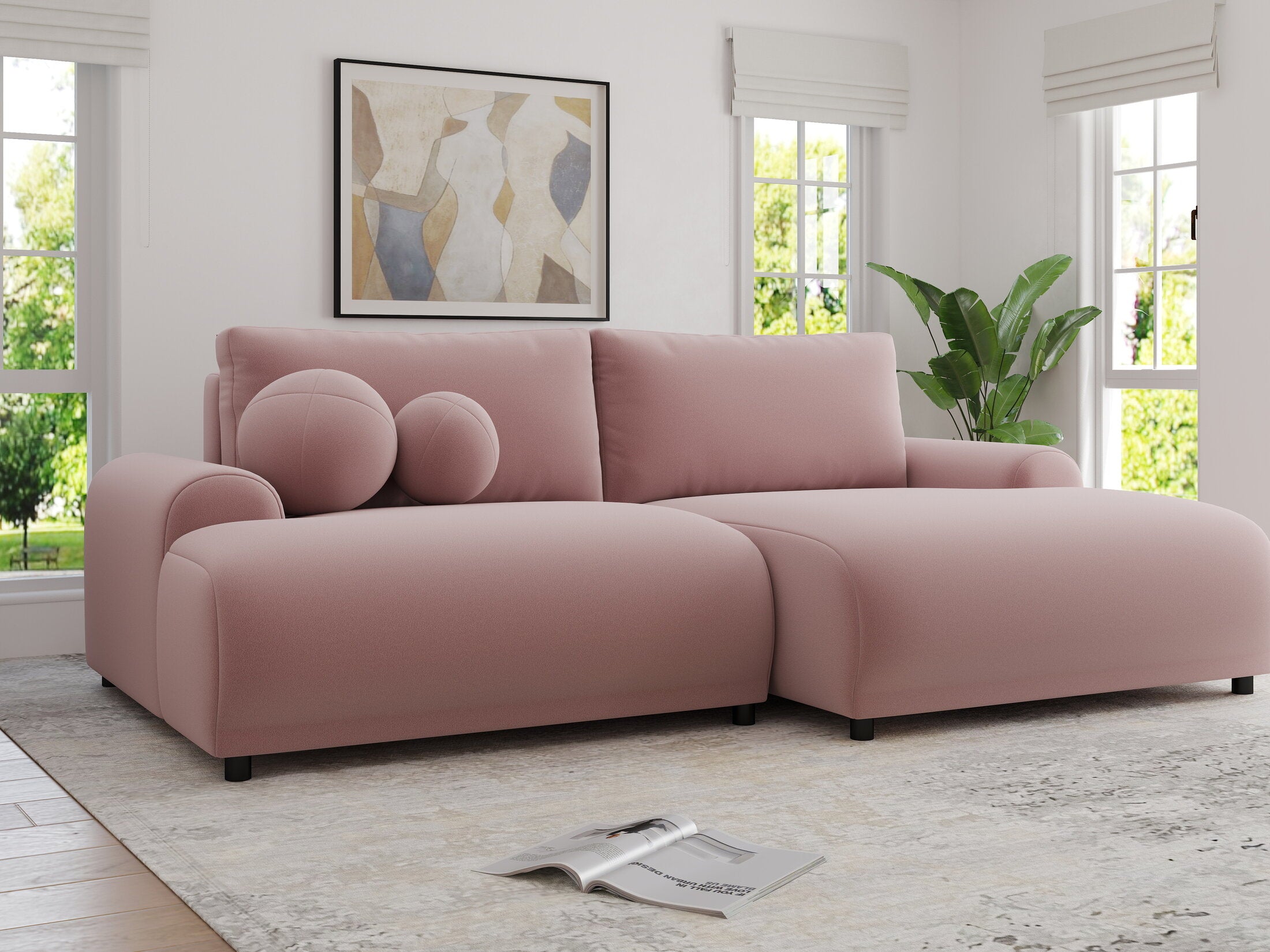 Colțar extensibil dumonde cu ladă de depozitare și șezut confortabil din spumă HR, Carlo Royal Roz 240x145 cm II