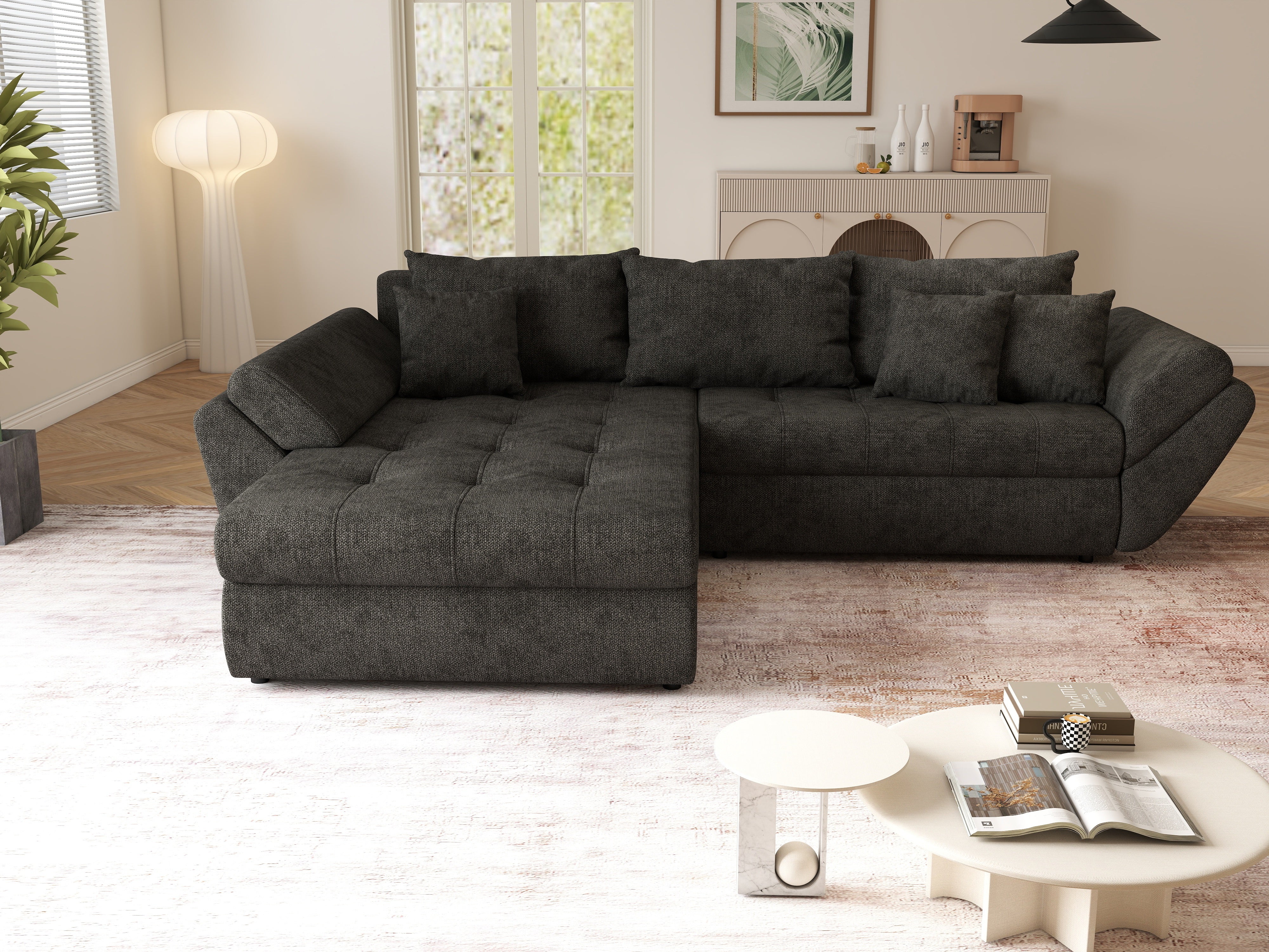Colțar extensibil dumonde cu ladă de depozitare si sezut confortabil din spuma HR, Loana Negru II 270x185 cm Fabrica