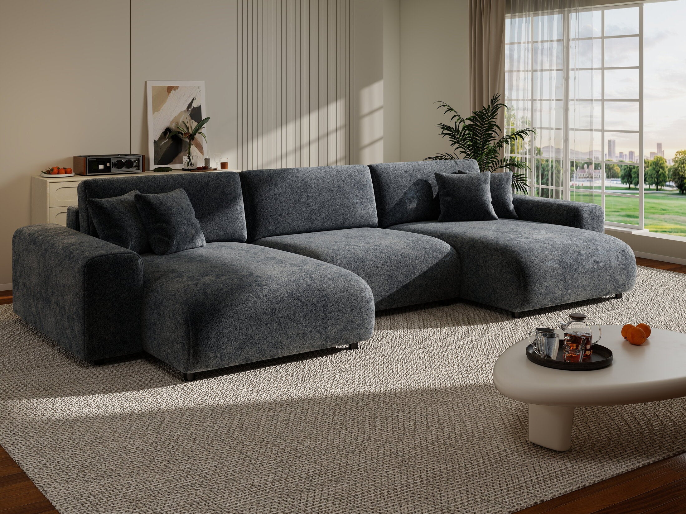 Colțar extensibil dumonde cu ladă de depozitare si sezut confortabil din spuma HR, Sarina U Euphoria Gri Grafit 350x168 cm