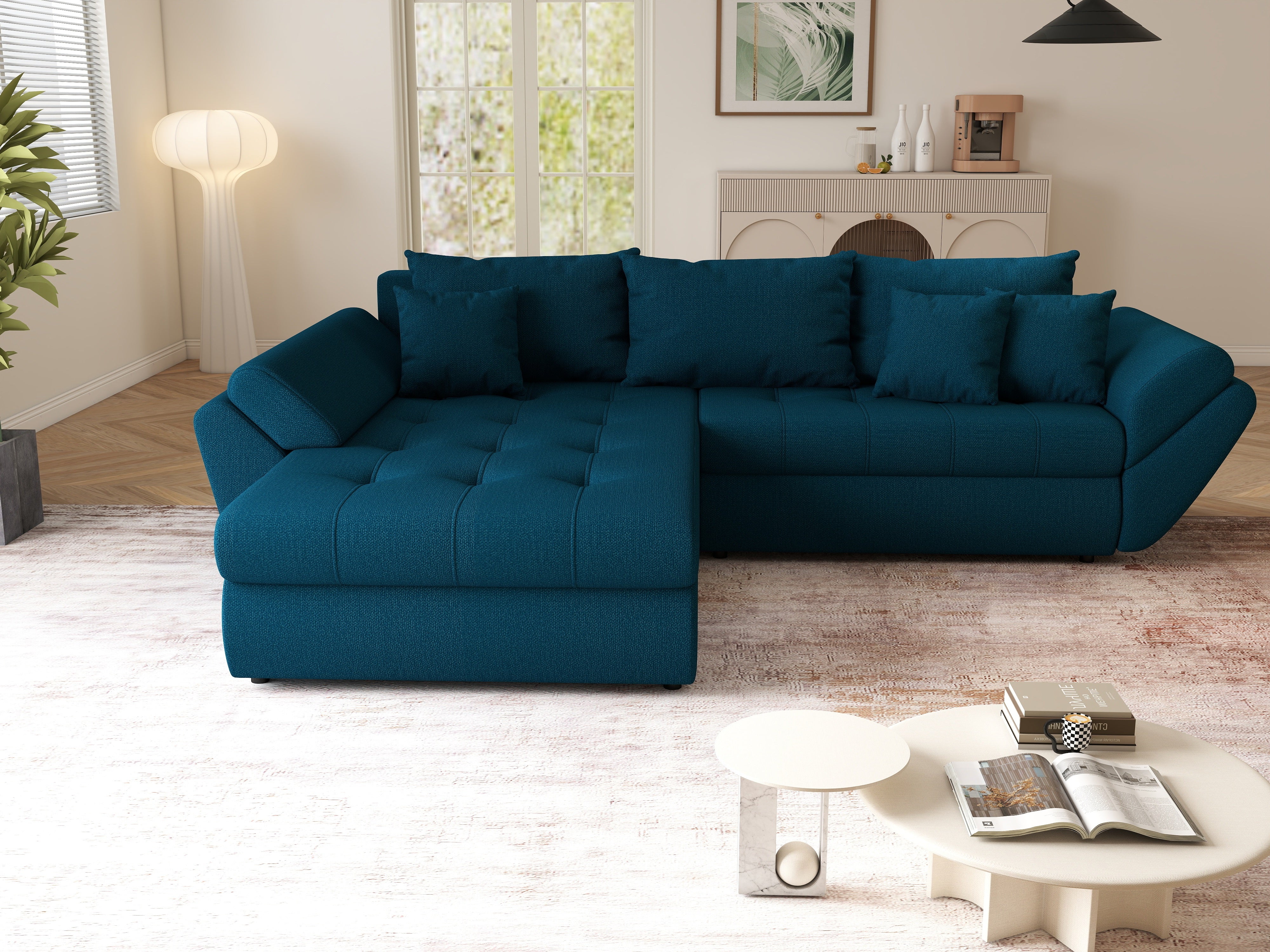 Colțar extensibil dumonde cu ladă de depozitare si sezut confortabil din spuma HR, Loana Petrol Green 270x185 cm Fabrica