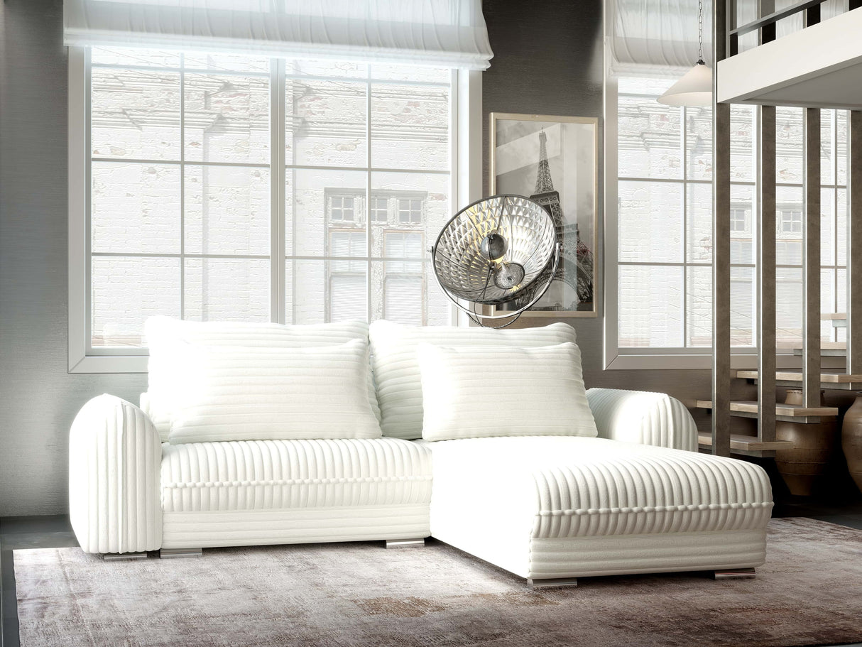 Colțar extensibil dumonde cu ladă de depozitare si sezut confortabil din spuma HR, Denver Ambience Alb 275x185 cm II Fabrica