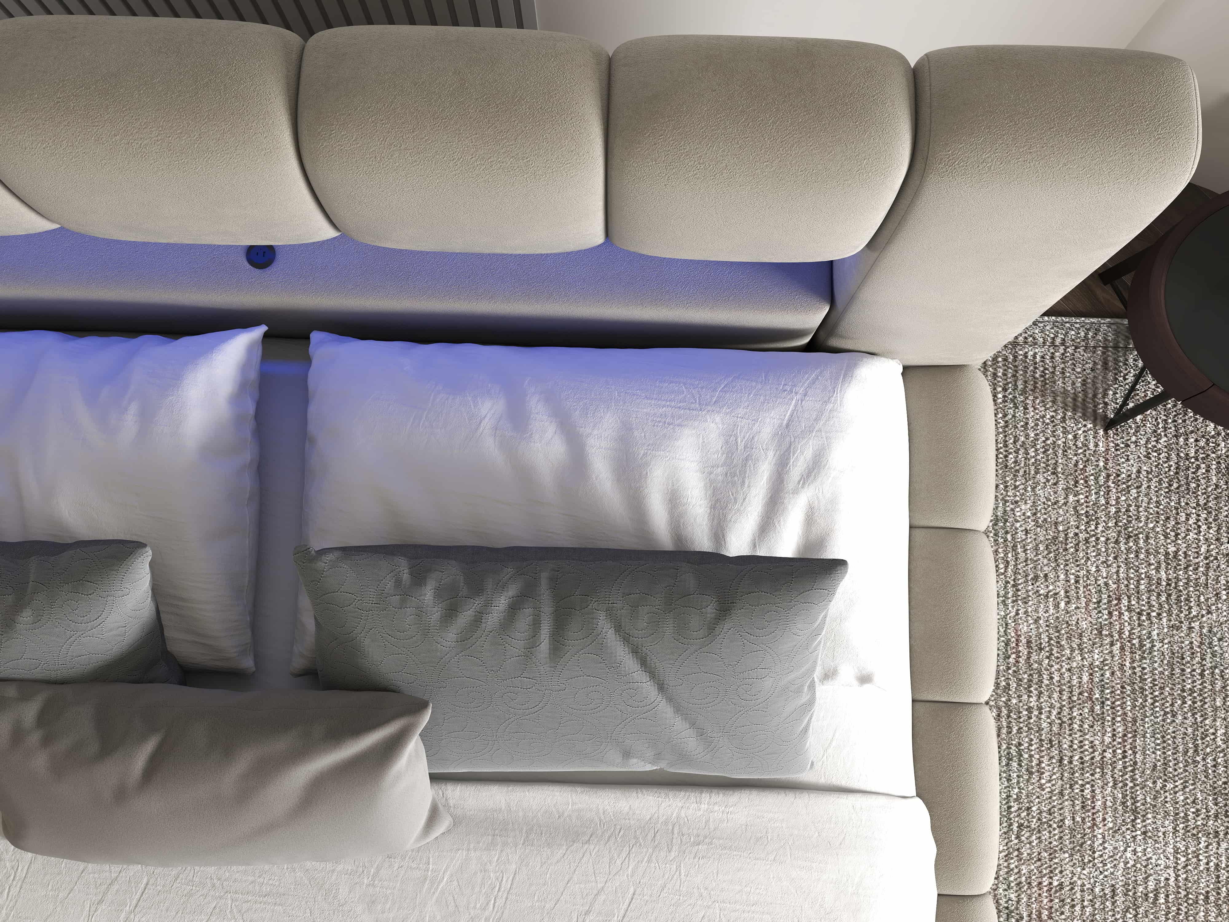 Pat dormitor dumonde, tapitat bej cu LED si USB, Palermo 180x200 cm, somiera rabatabila inclusa, spatiu depozitare