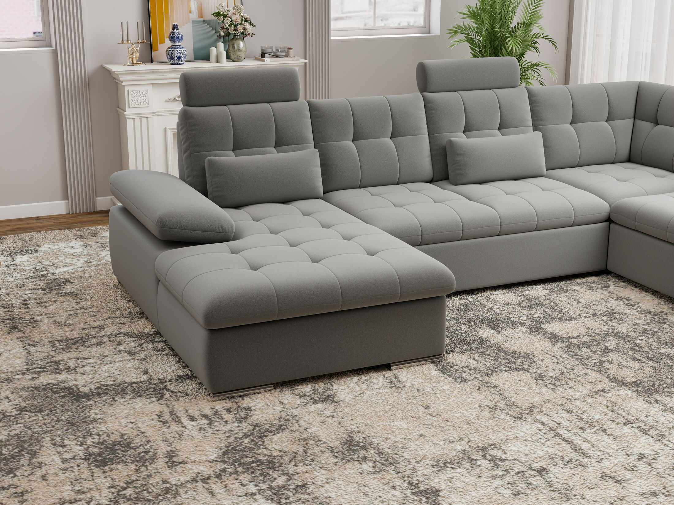 Colțar extensibil dumonde cu ladă de depozitare și șezut confortabil din spumă HR, Merkur U Royal Gri 324x218 cm