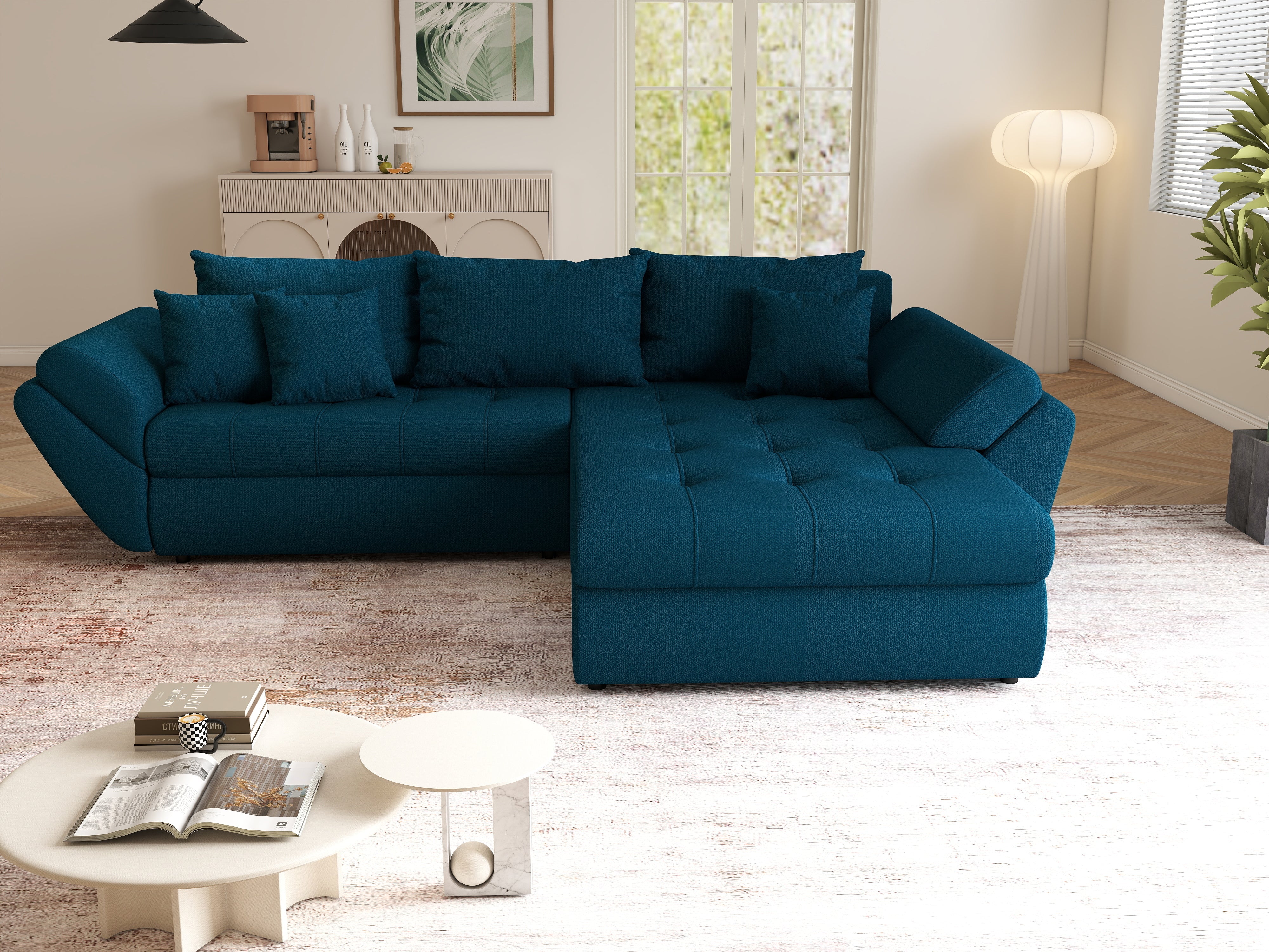 Colțar extensibil dumonde cu ladă de depozitare si sezut confortabil din spuma HR, Loana Petrol Green II 270x185 cm Fabrica