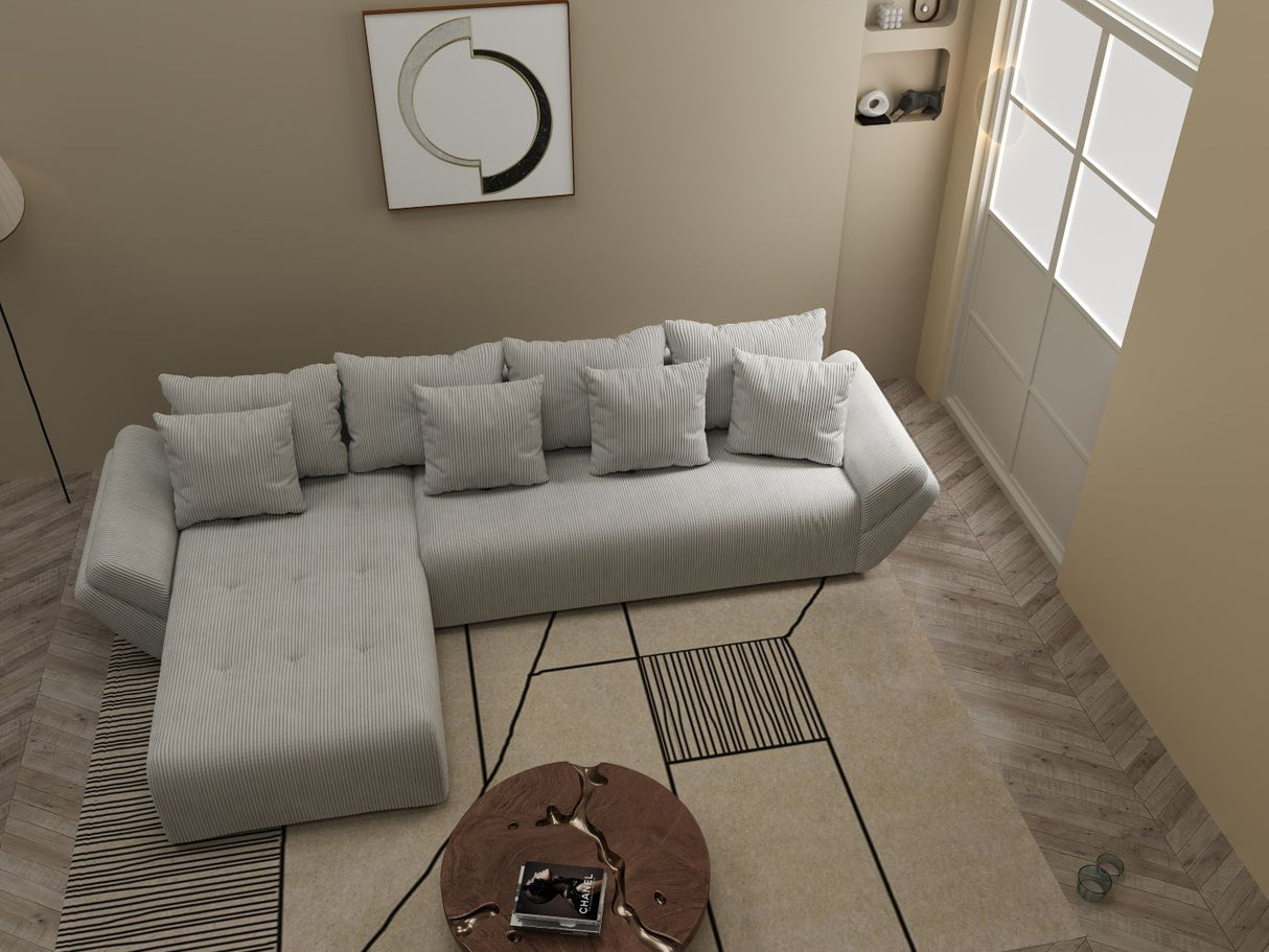 Colțar extensibil dumonde cu ladă de depozitare si sezut confortabil din spuma HR, Berlin XL Zoom Pearl 350x185 cm