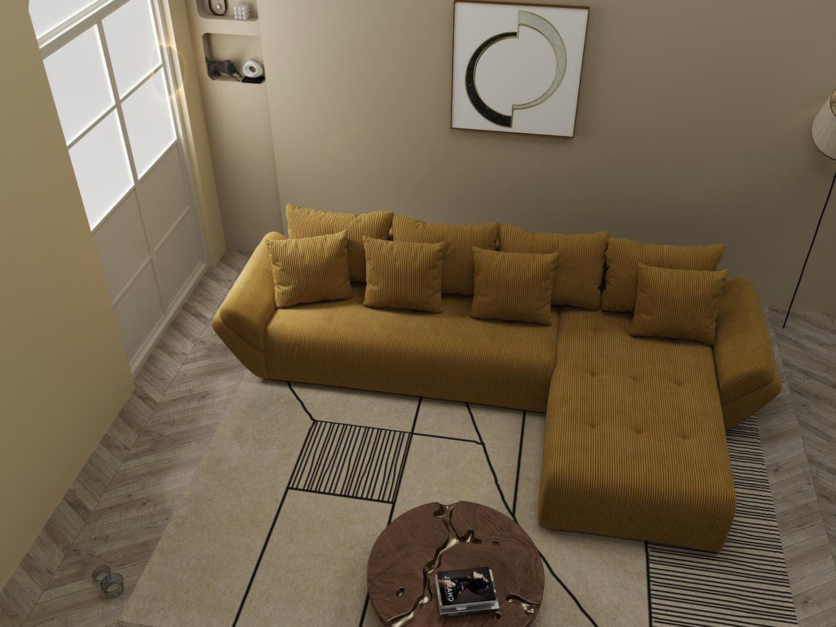 Colțar extensibil dumonde cu ladă de depozitare si sezut confortabil din spuma HR, Berlin XL Zoom Mustar 350x185 cm II Fabrica